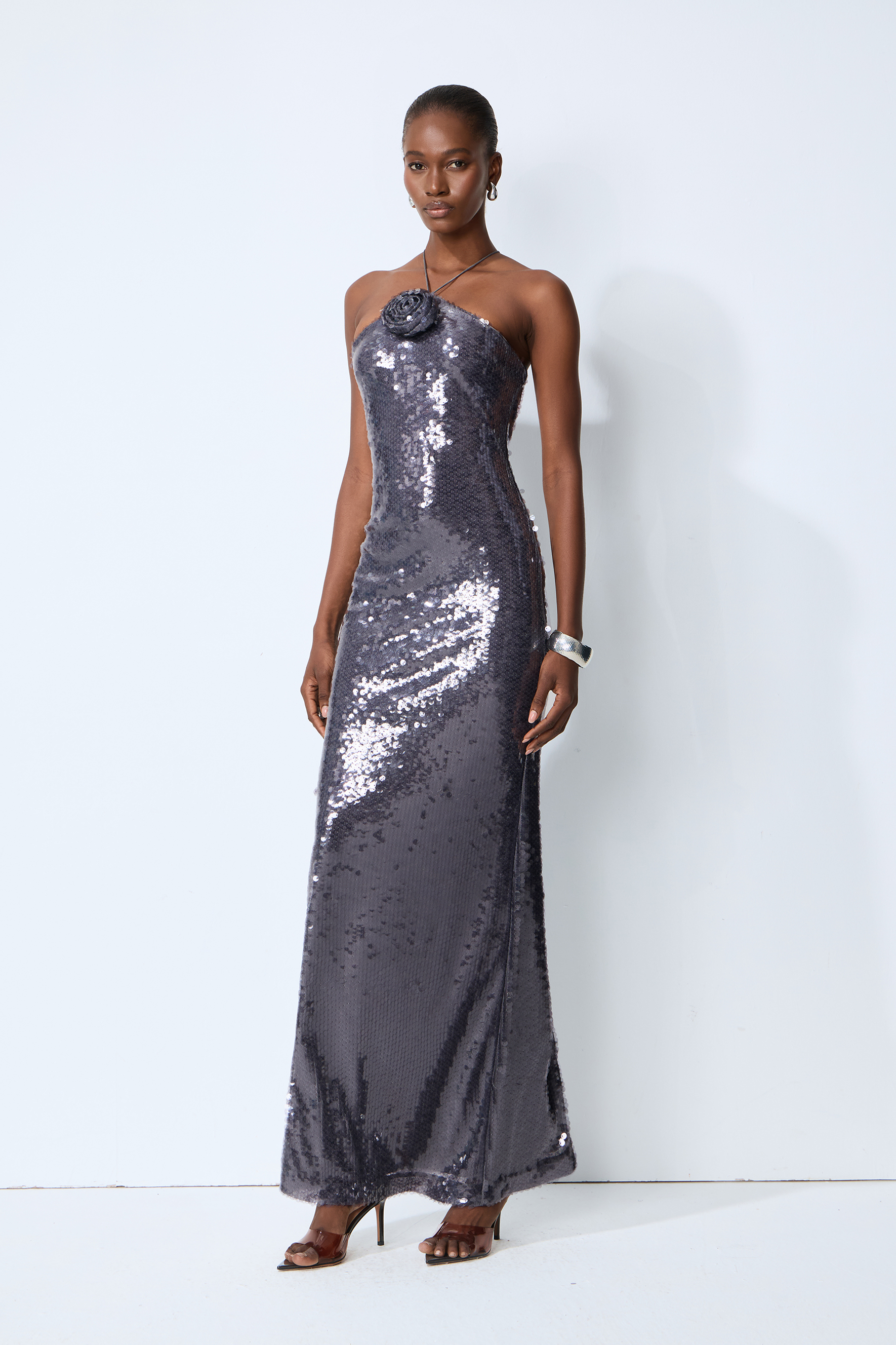 Glow All Night Grey Floral Applique Sequin Maxi Dress