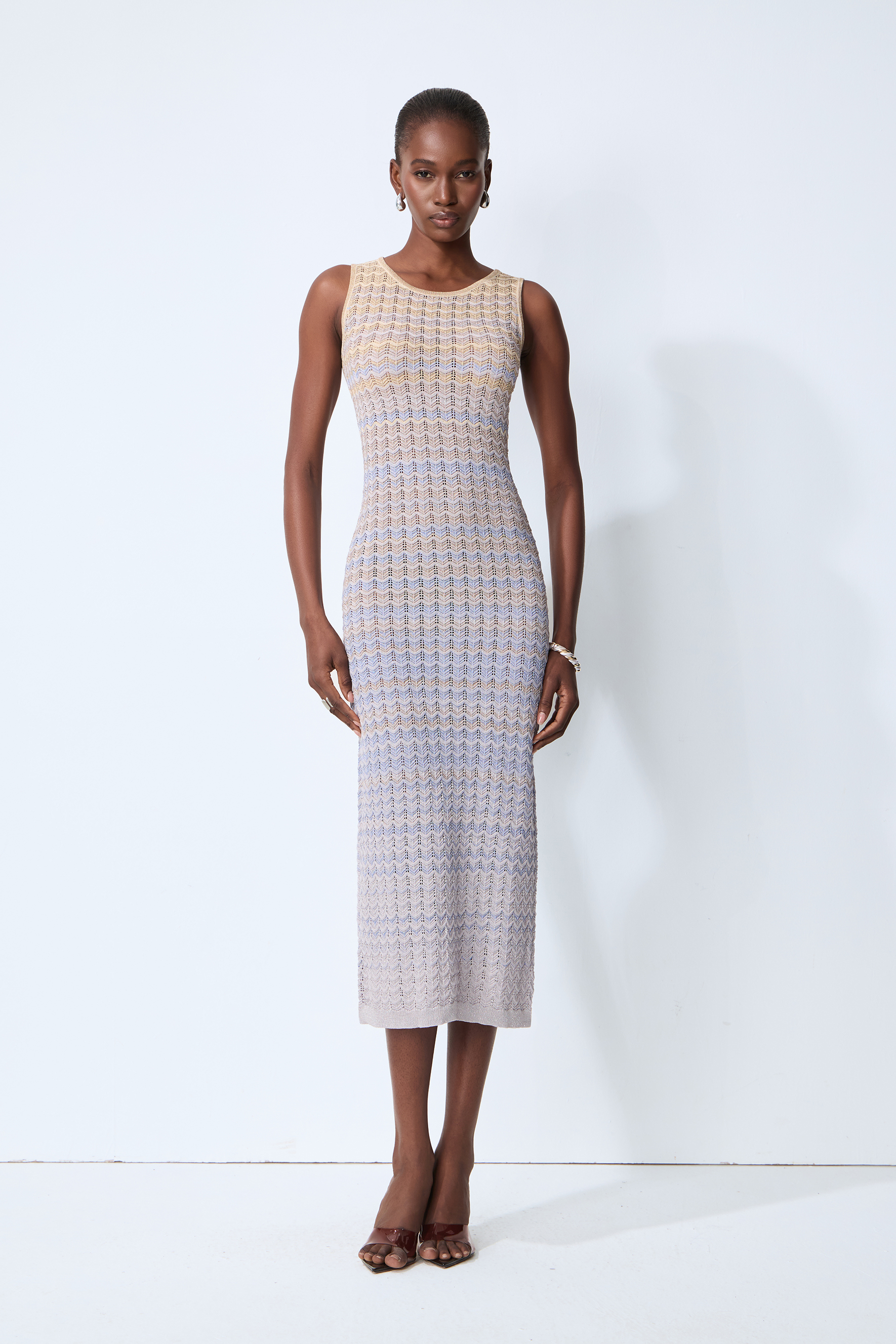 Sweetest Feeling Blue Sleeveless Chevron Knit Midi Dress