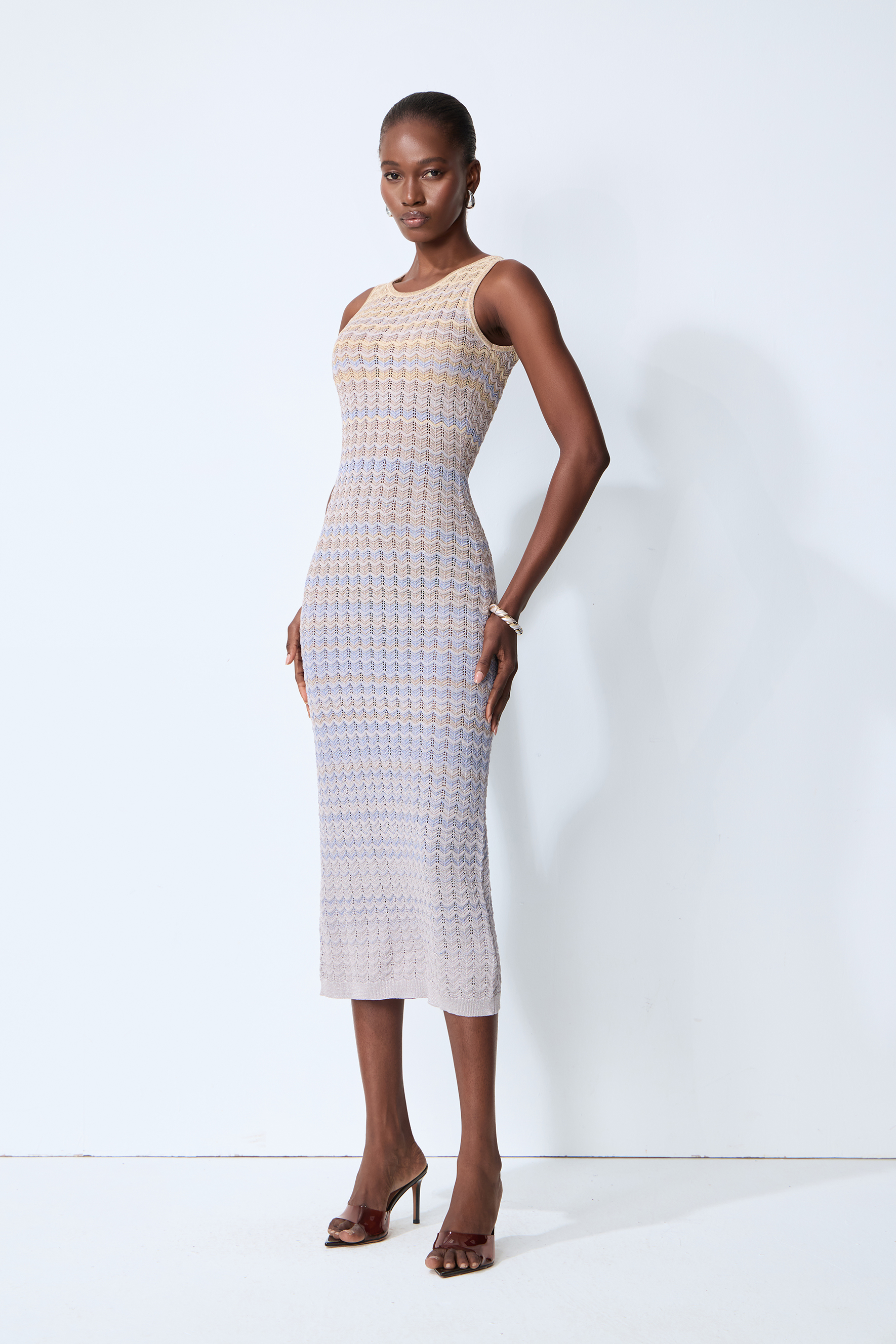 Sweetest Feeling Blue Sleeveless Chevron Knit Midi Dress