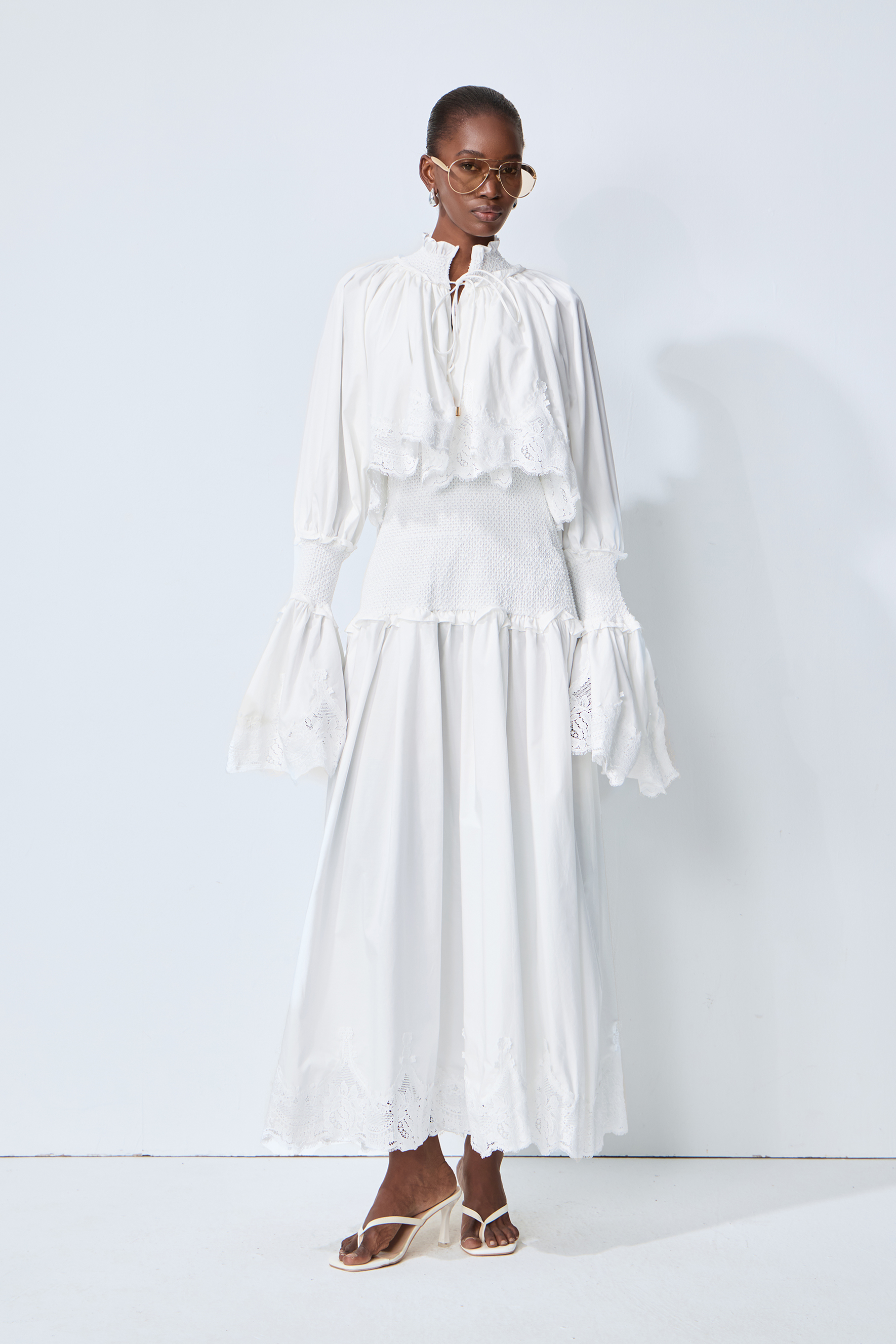 Chasing Sunlight White Lace Trim Flared Sleeve Maxi Dress
