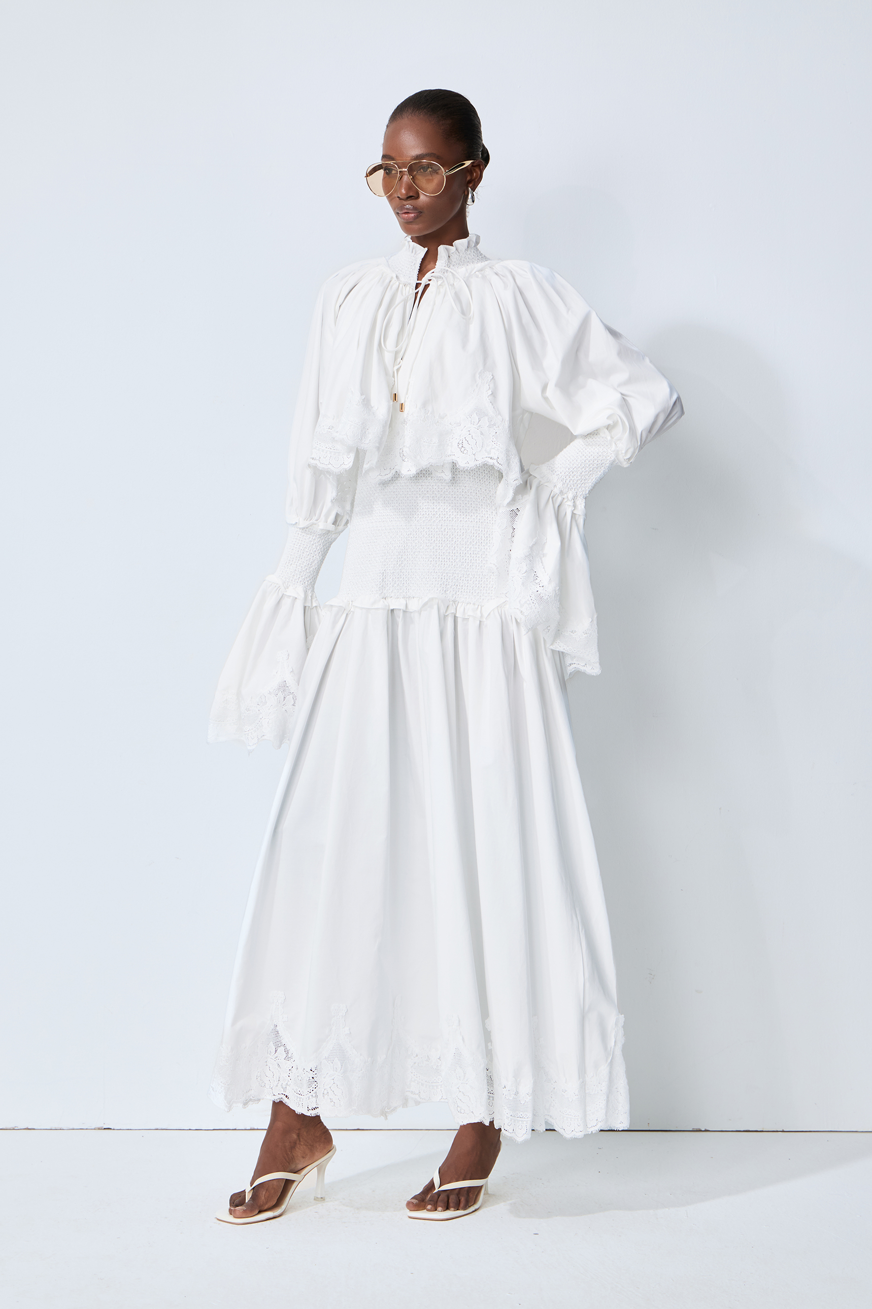 Chasing Sunlight White Lace Trim Flared Sleeve Maxi Dress