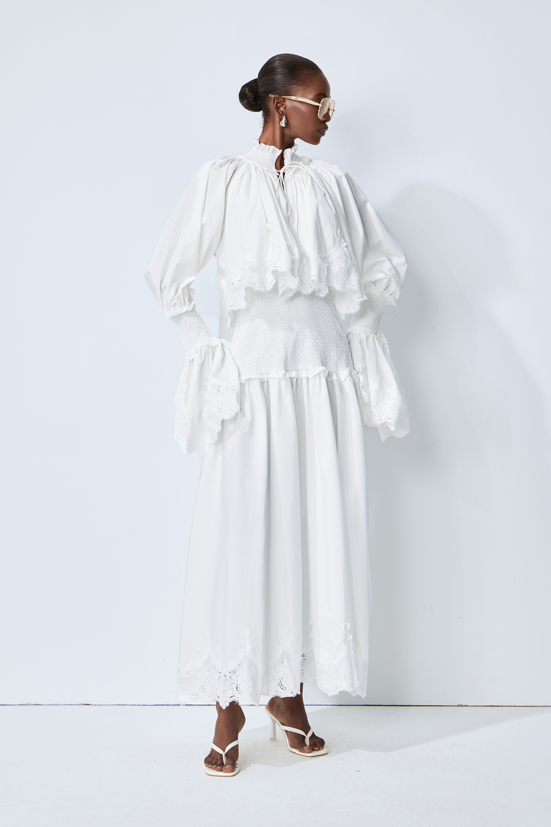 Chasing Sunlight White Lace Trim Flared Sleeve Maxi Dress