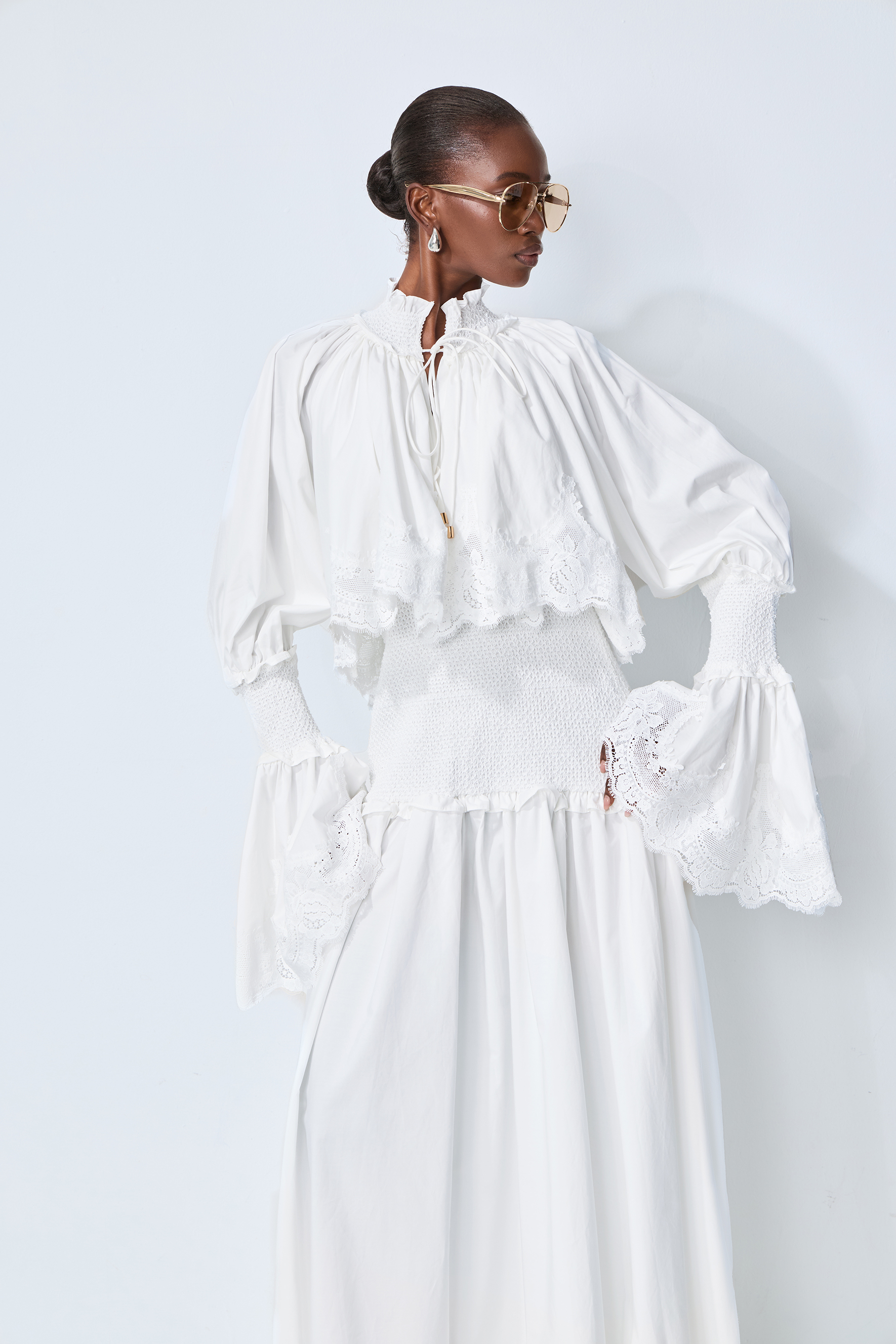 Chasing Sunlight White Lace Trim Flared Sleeve Maxi Dress