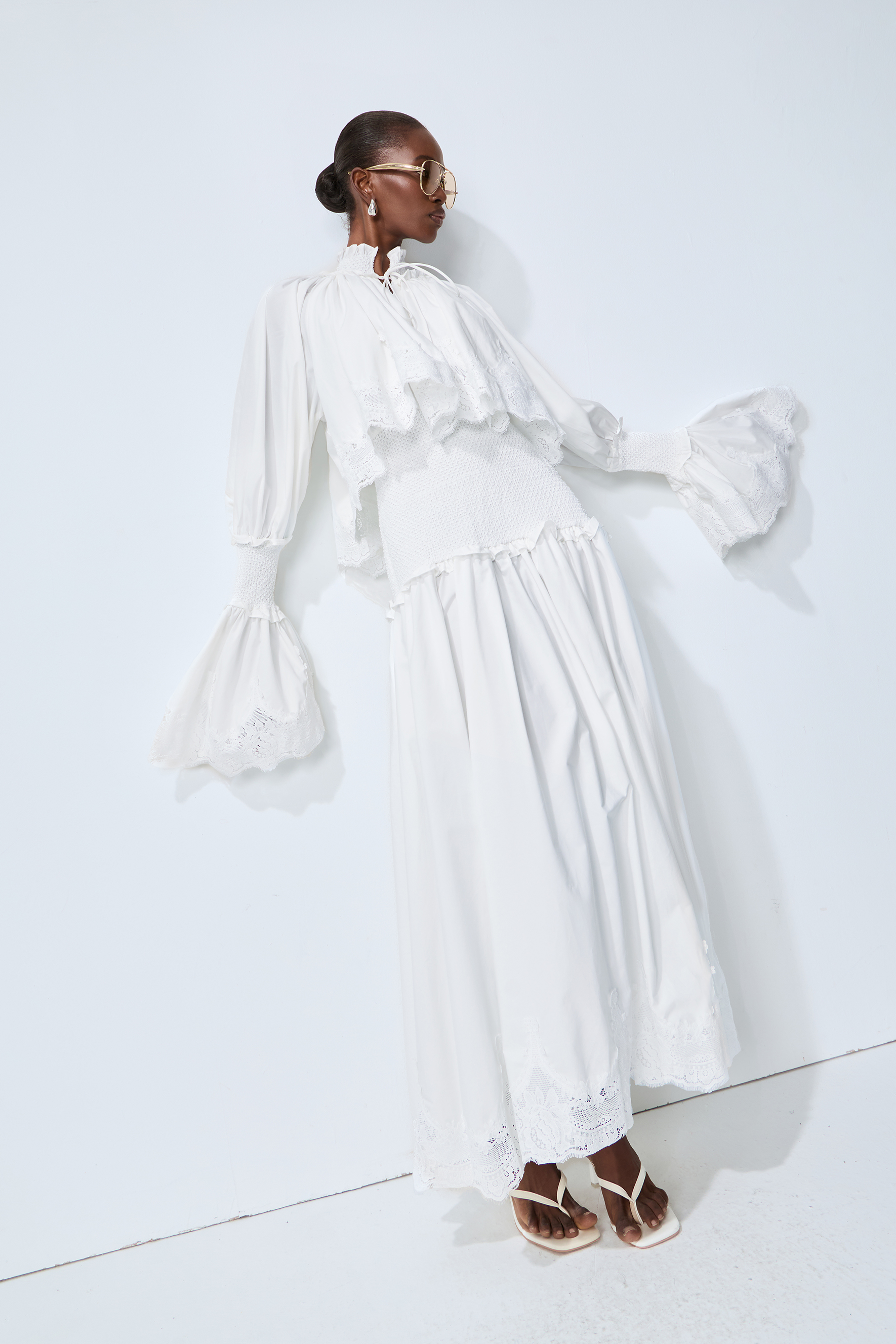Chasing Sunlight White Lace Trim Flared Sleeve Maxi Dress