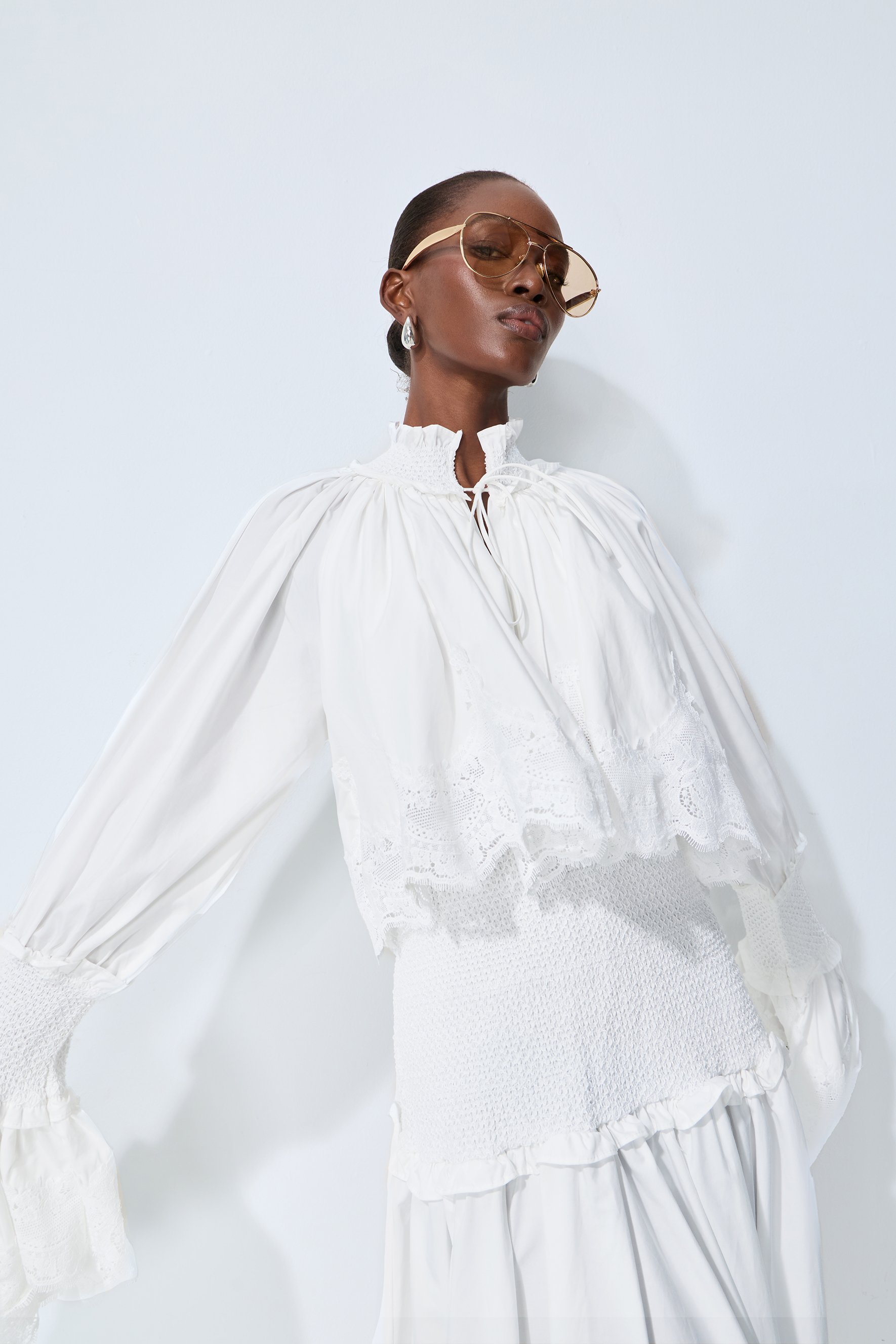 Chasing Sunlight White Lace Trim Flared Sleeve Maxi Dress
