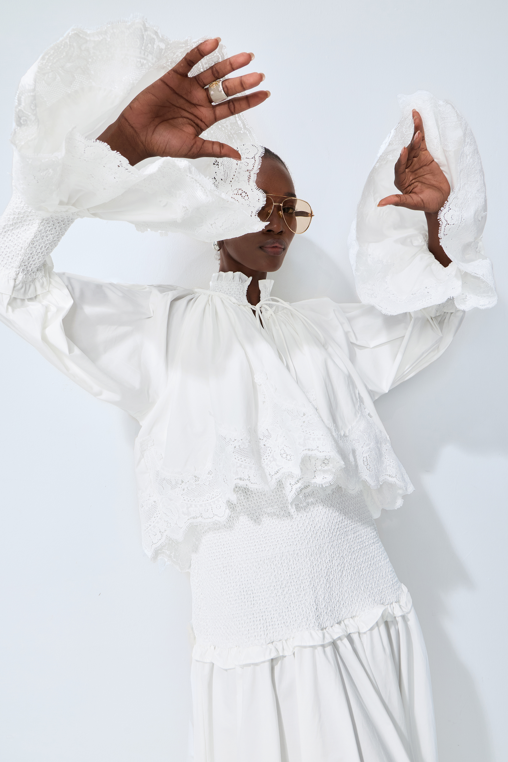 Chasing Sunlight White Lace Trim Flared Sleeve Maxi Dress