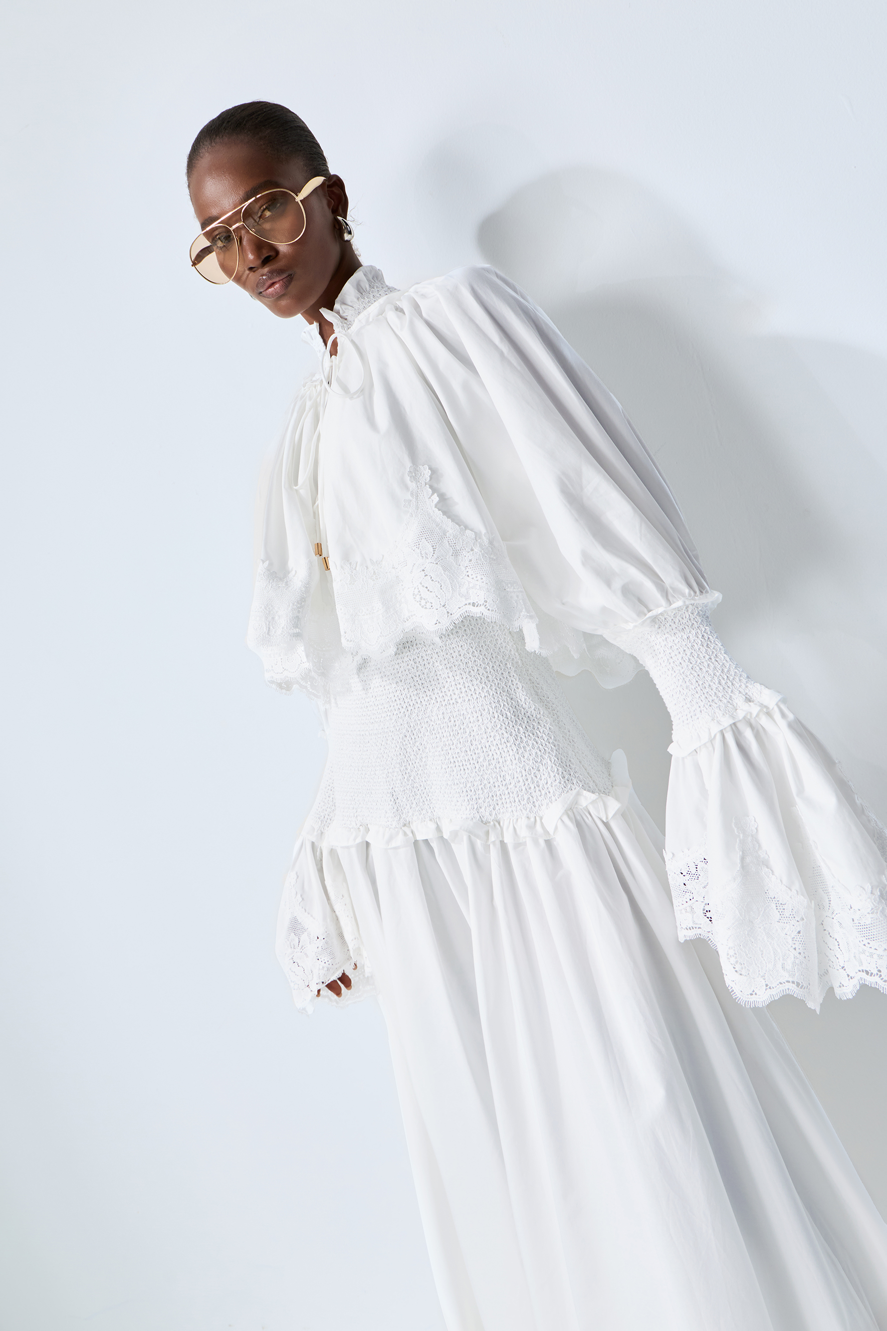 Chasing Sunlight White Lace Trim Flared Sleeve Maxi Dress