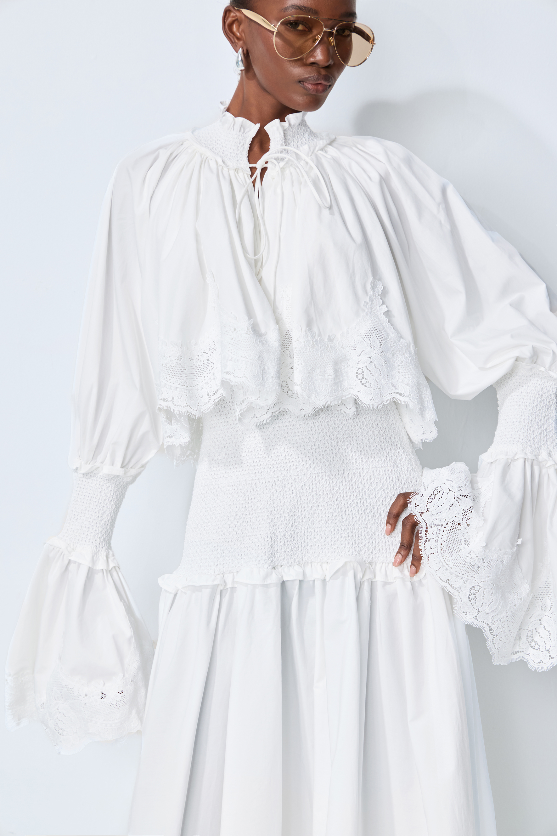 Chasing Sunlight White Lace Trim Flared Sleeve Maxi Dress
