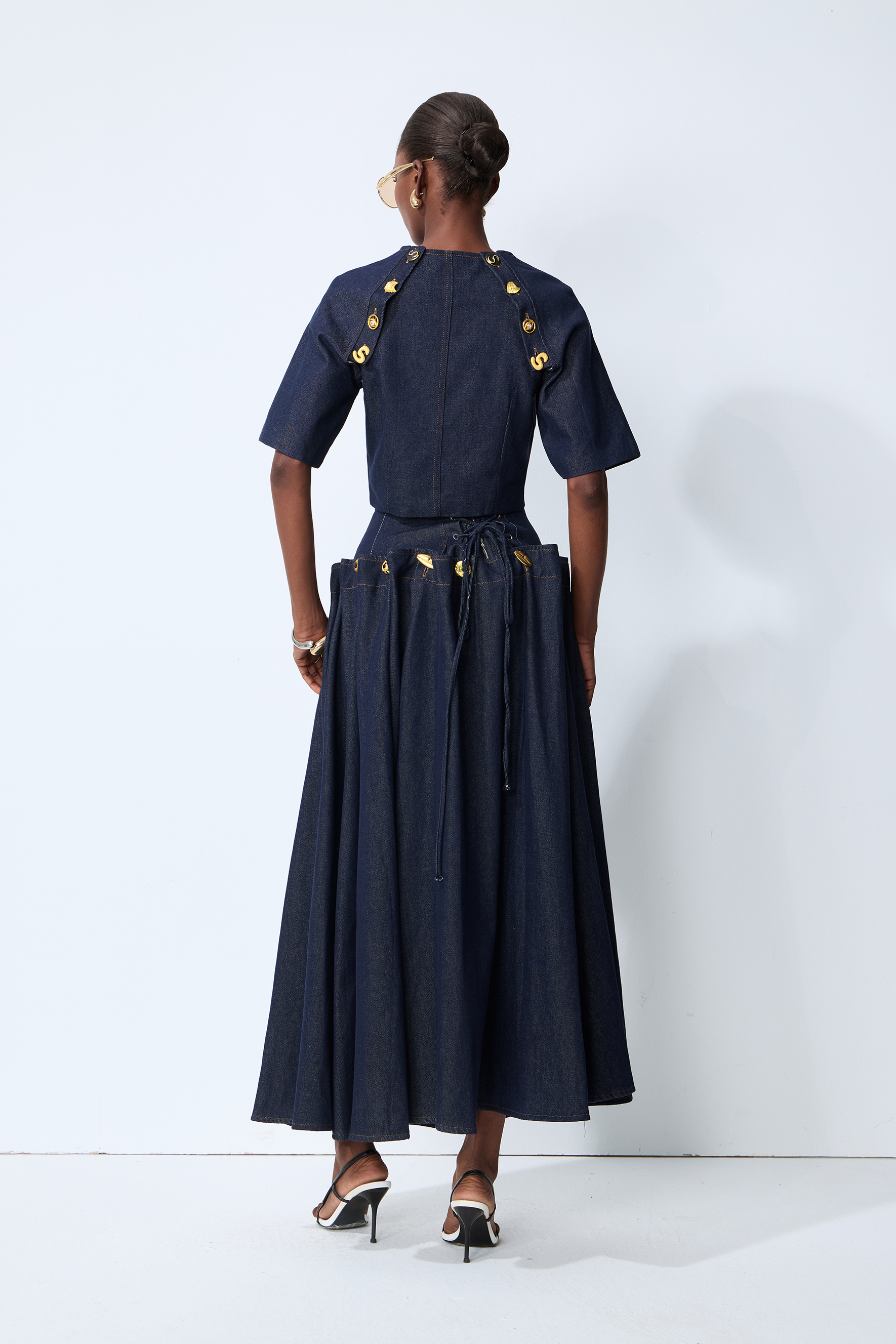 Living the Moment Blue Denim Gold Button Crop Top & Skirt Set