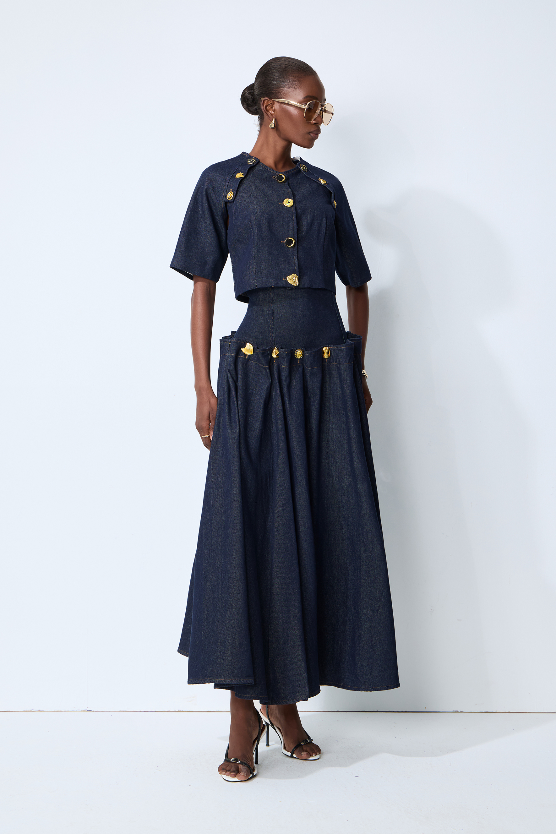 Living the Moment Blue Denim Gold Button Crop Top & Skirt Set