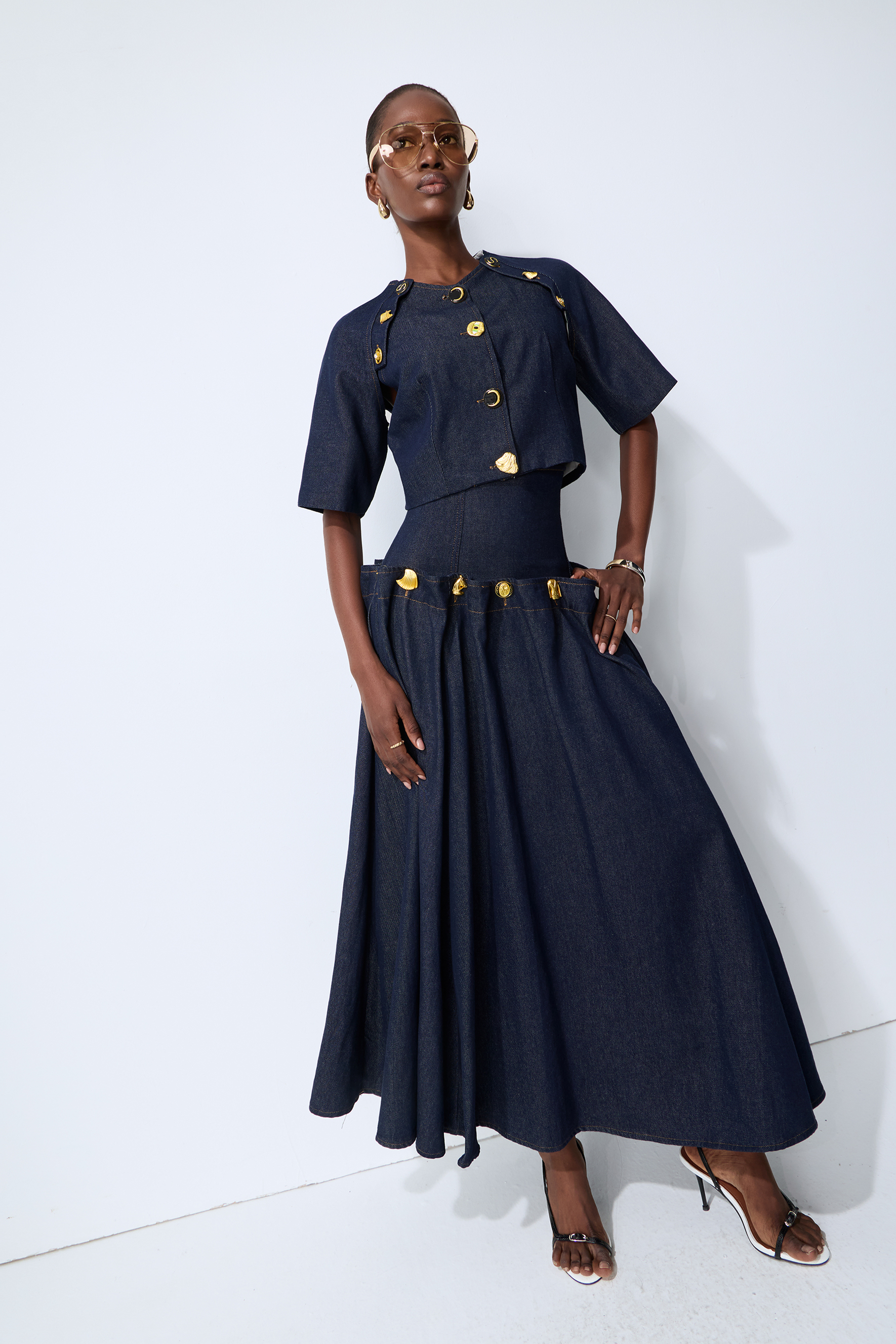 Living the Moment Blue Denim Gold Button Crop Top & Skirt Set