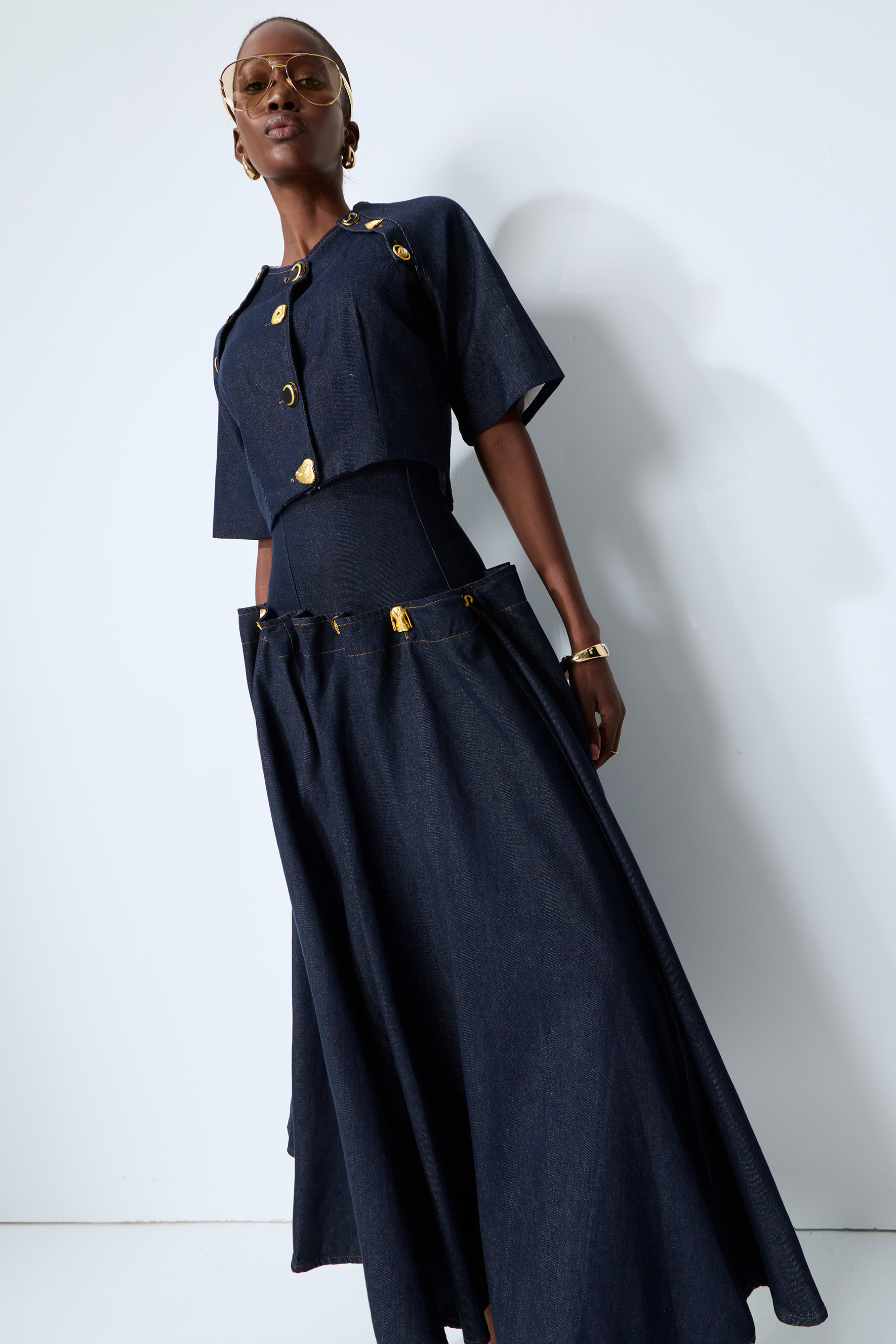 Living the Moment Blue Denim Gold Button Crop Top & Skirt Set