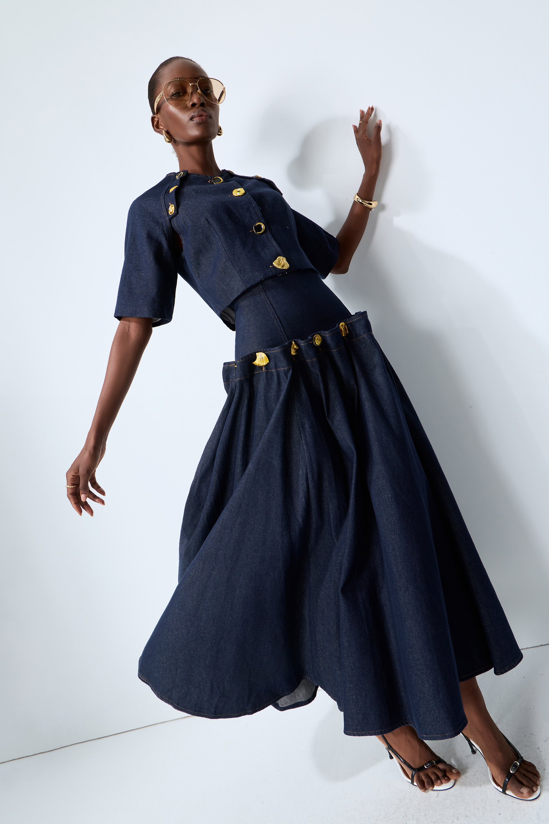 Living the Moment Blue Denim Gold Button Crop Top & Skirt Set