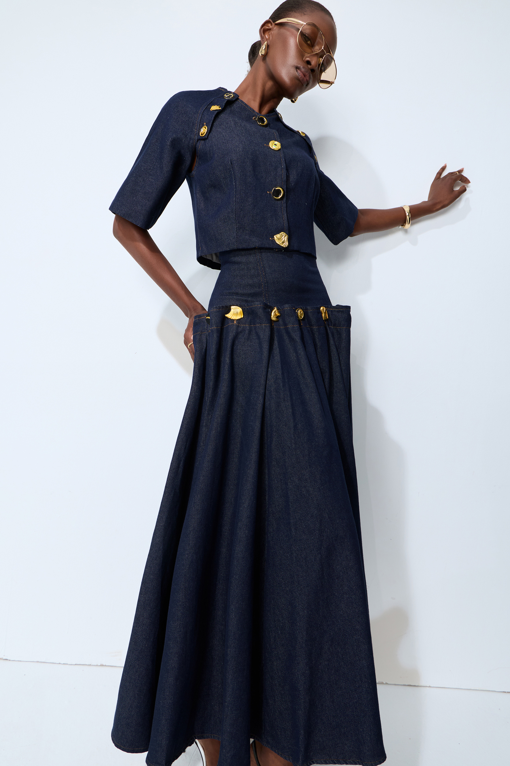 Living the Moment Blue Denim Gold Button Crop Top & Skirt Set