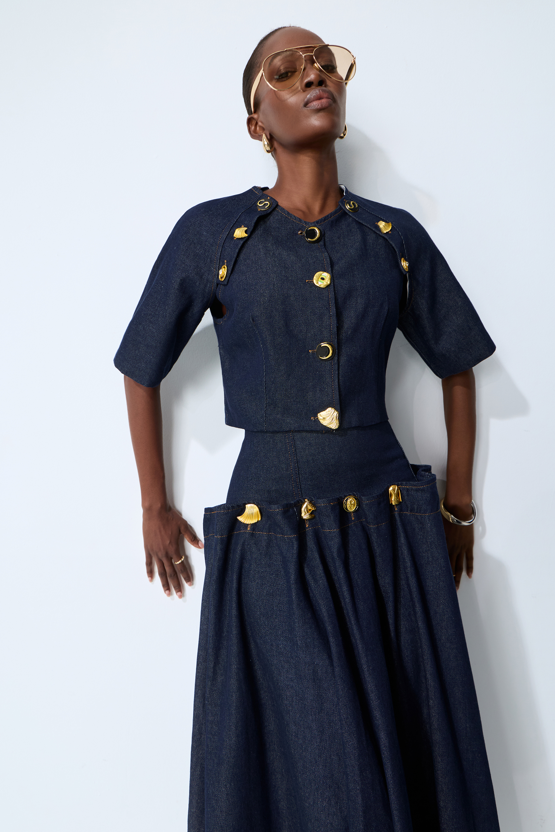 Living the Moment Blue Denim Gold Button Crop Top & Skirt Set