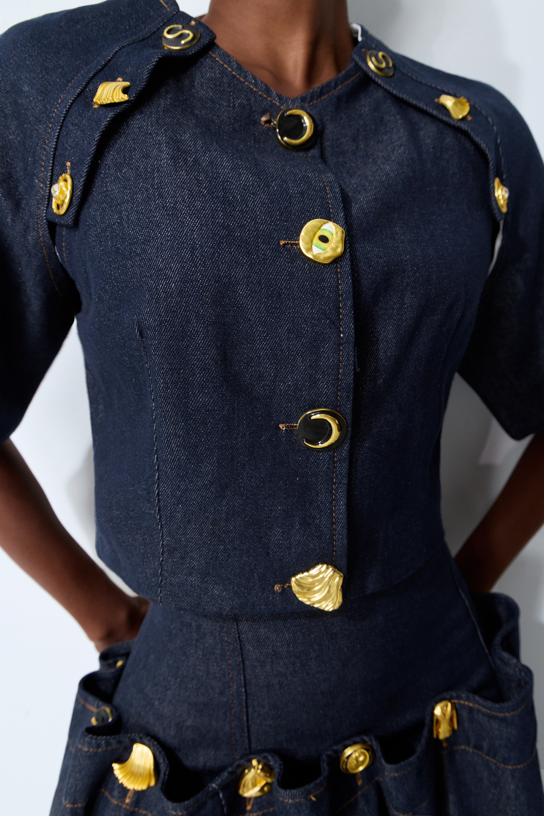 Living the Moment Blue Denim Gold Button Crop Top & Skirt Set