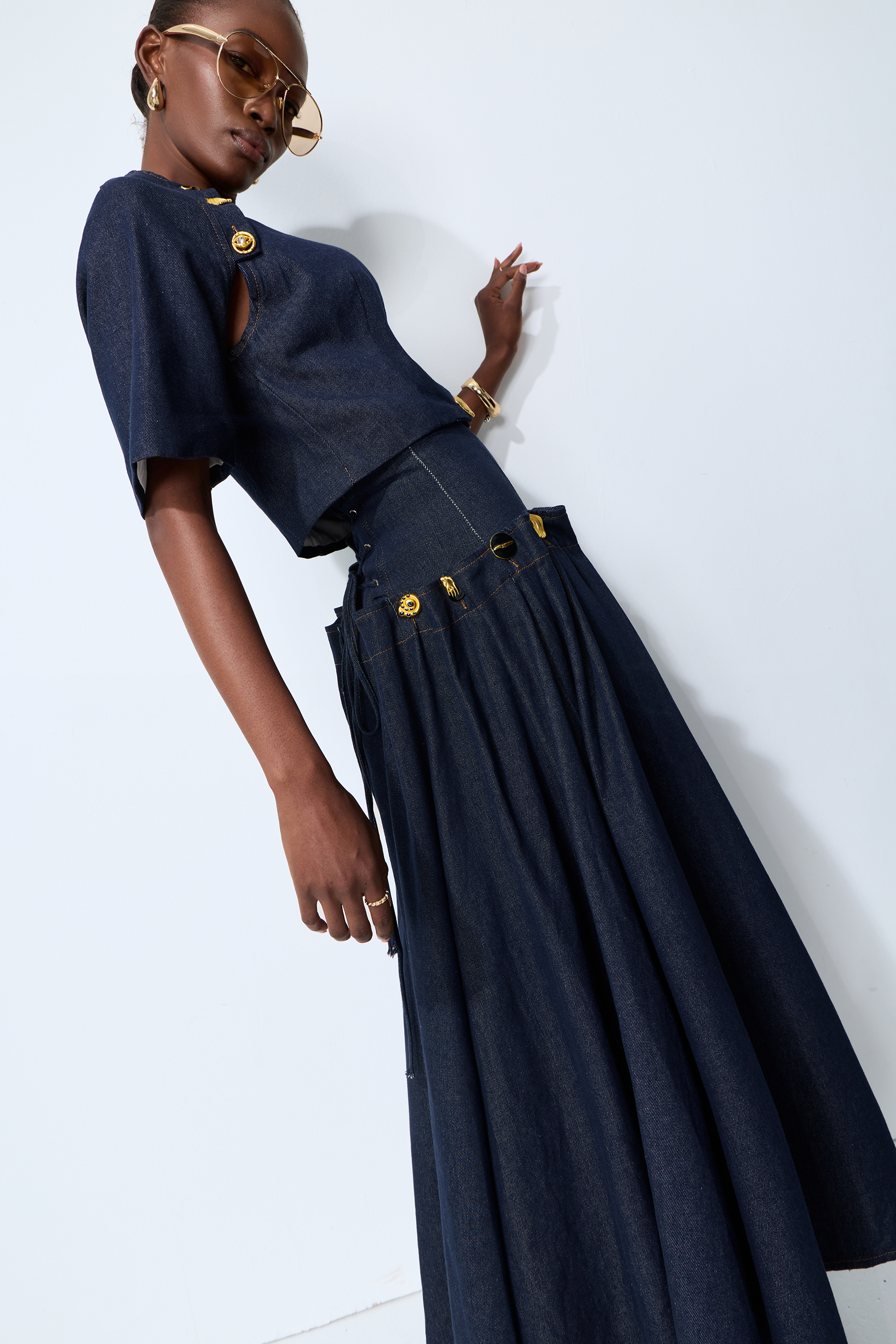 Living the Moment Blue Denim Gold Button Crop Top & Skirt Set