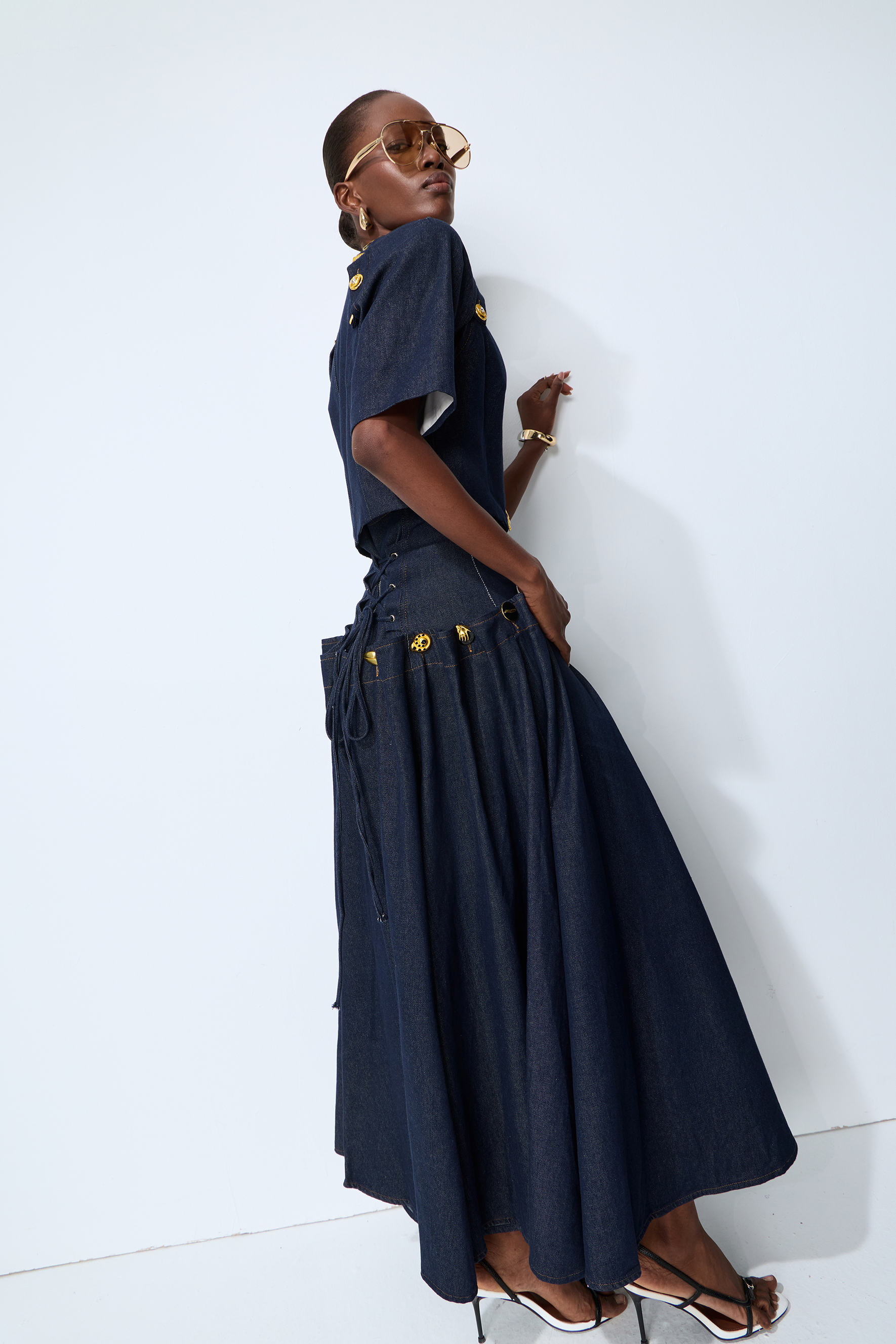 Living the Moment Blue Denim Gold Button Crop Top & Skirt Set