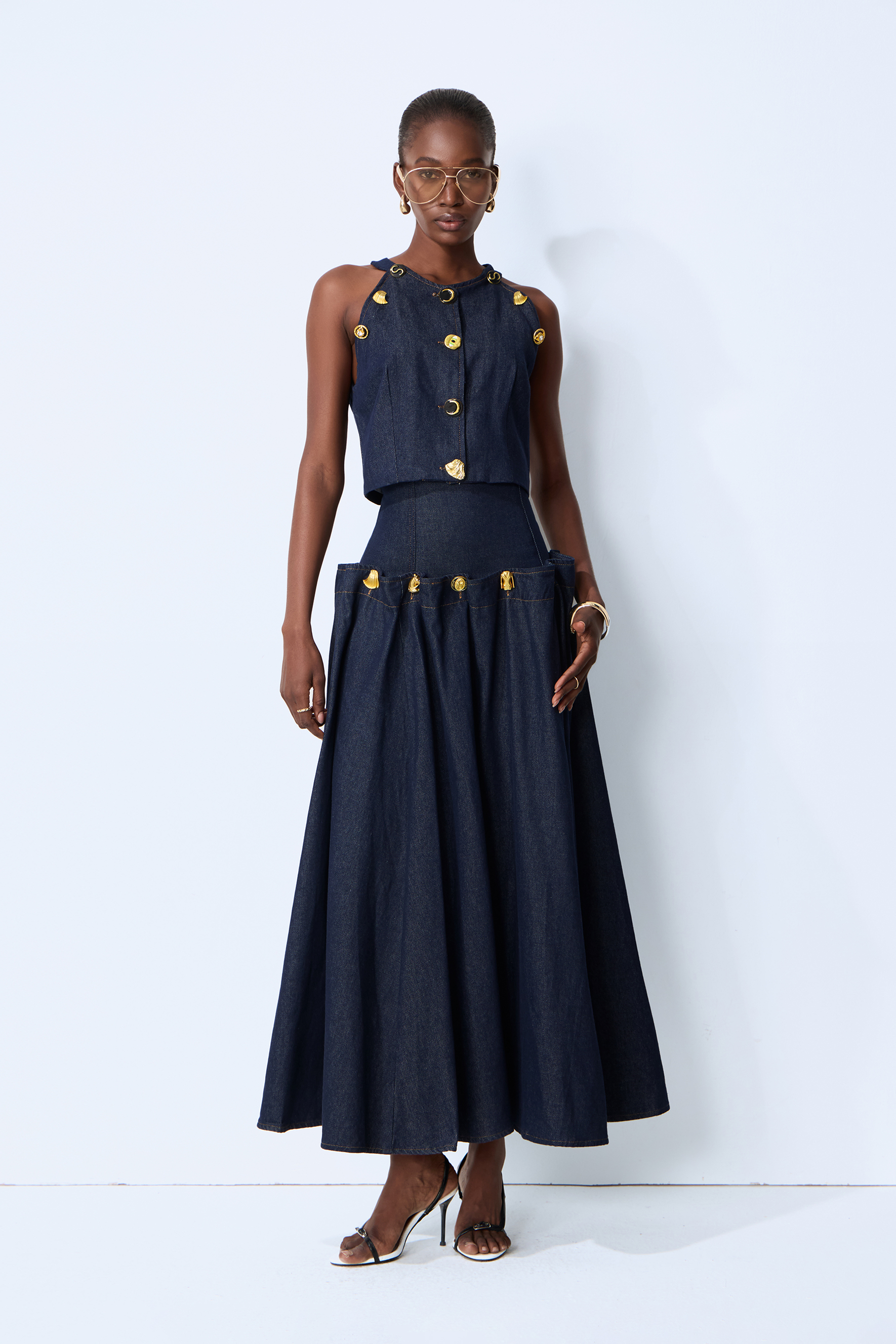 Living the Moment Blue Denim Gold Button Crop Top & Skirt Set