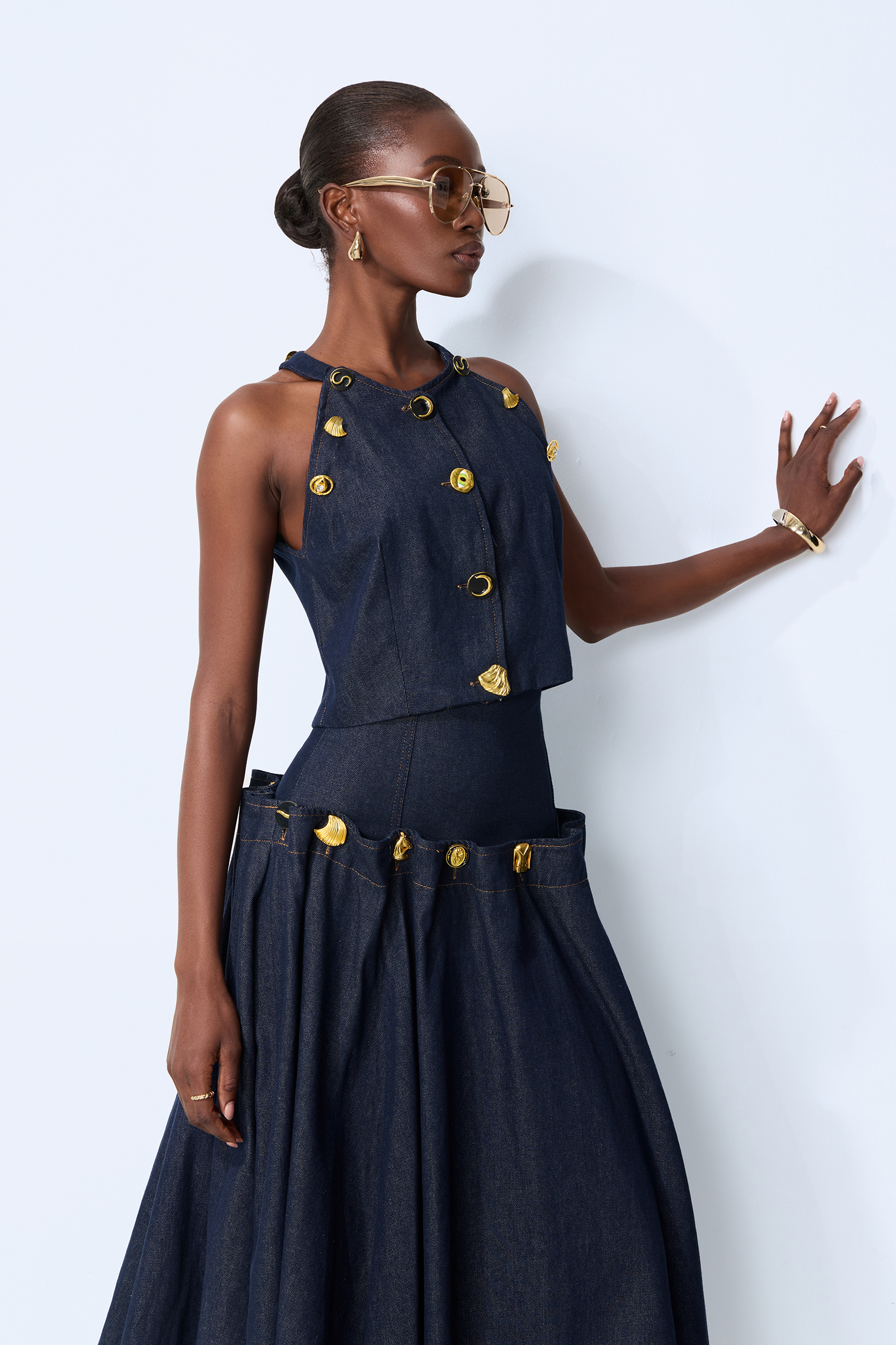 Living the Moment Blue Denim Gold Button Crop Top & Skirt Set