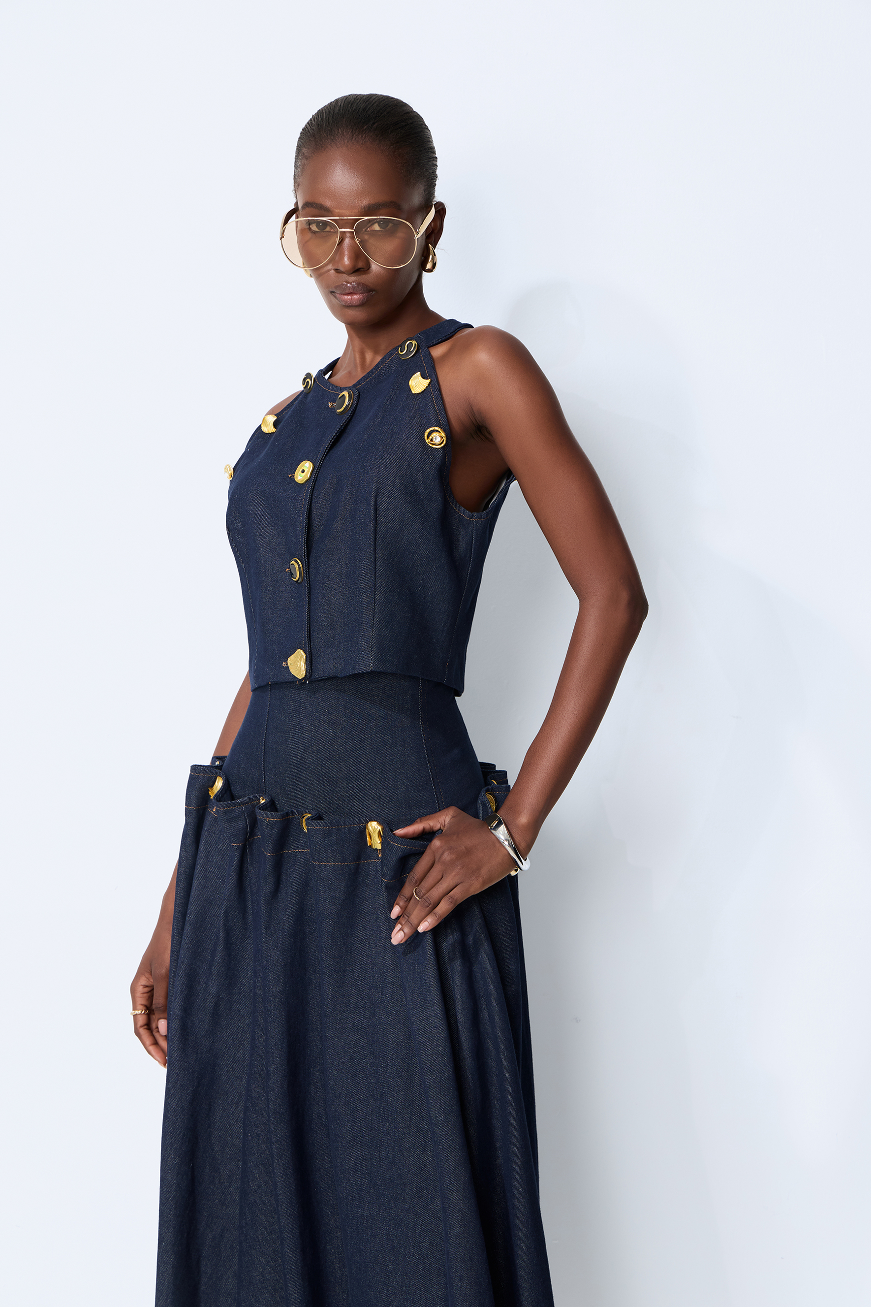 Living the Moment Blue Denim Gold Button Crop Top & Skirt Set