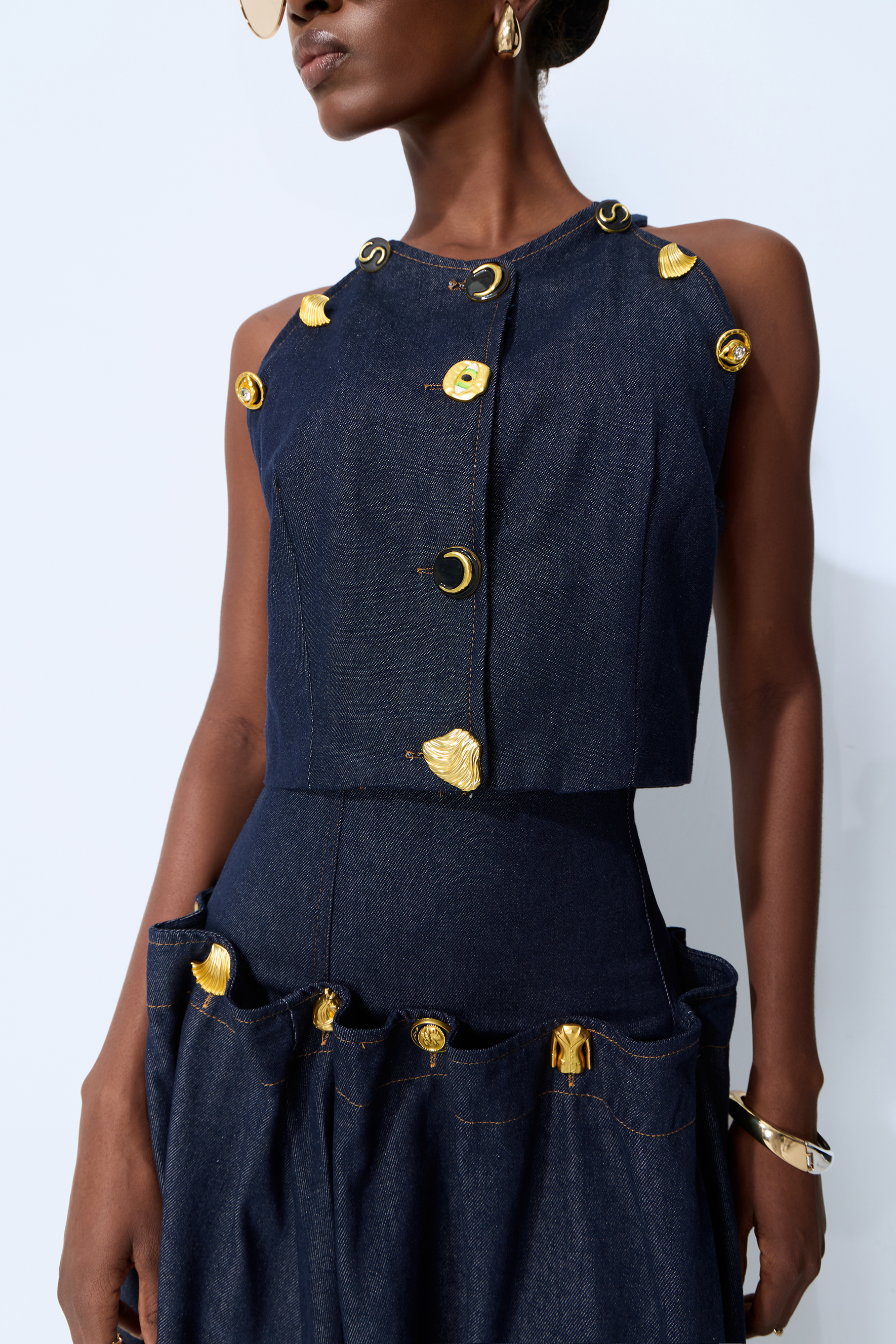 Living the Moment Blue Denim Gold Button Crop Top & Skirt Set