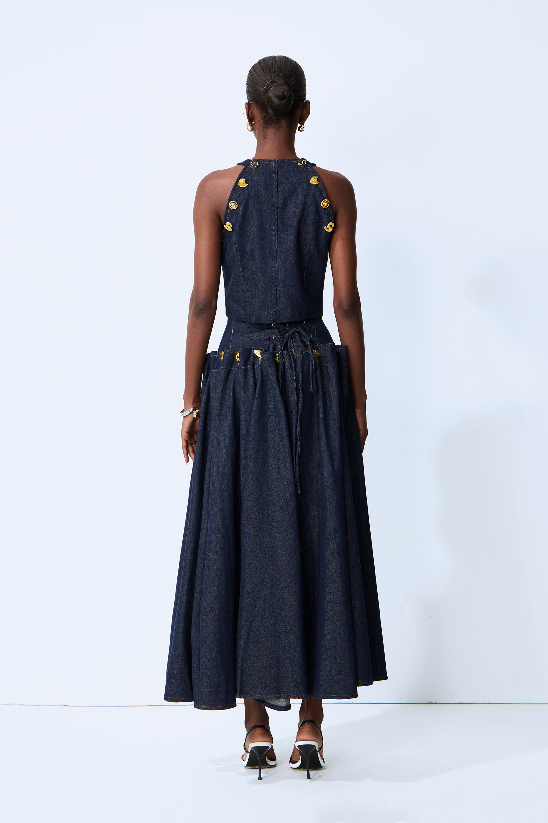 Living the Moment Blue Denim Gold Button Crop Top & Skirt Set