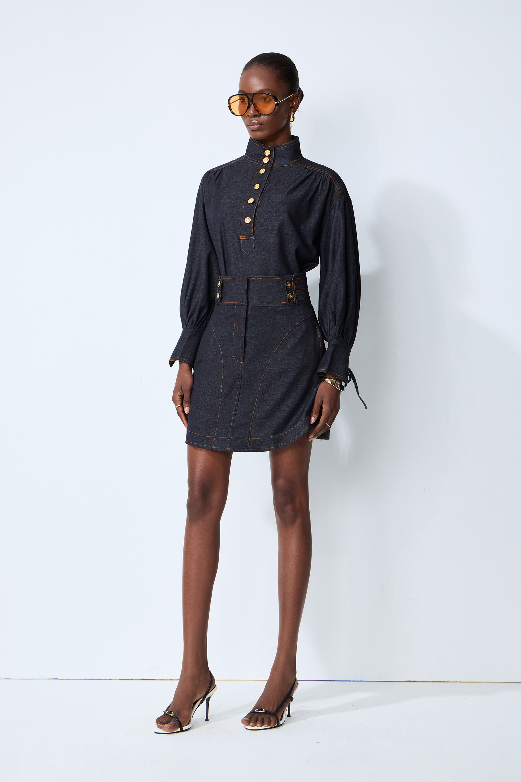 Simply Pretty Dark Blue Denim High Neck Shirt & Mini Skirt Set