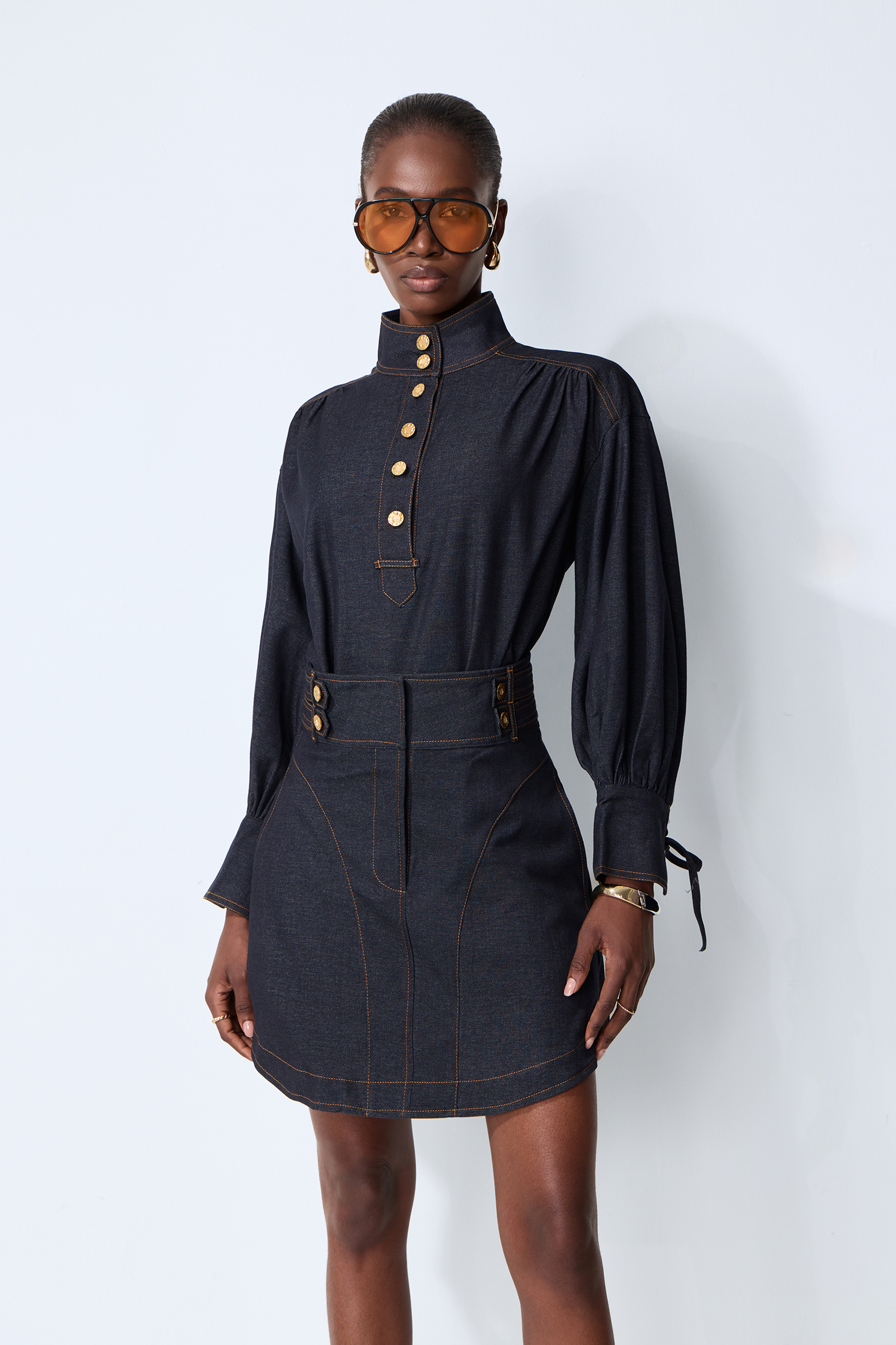 Simply Pretty Dark Blue Denim High Neck Shirt & Mini Skirt Set