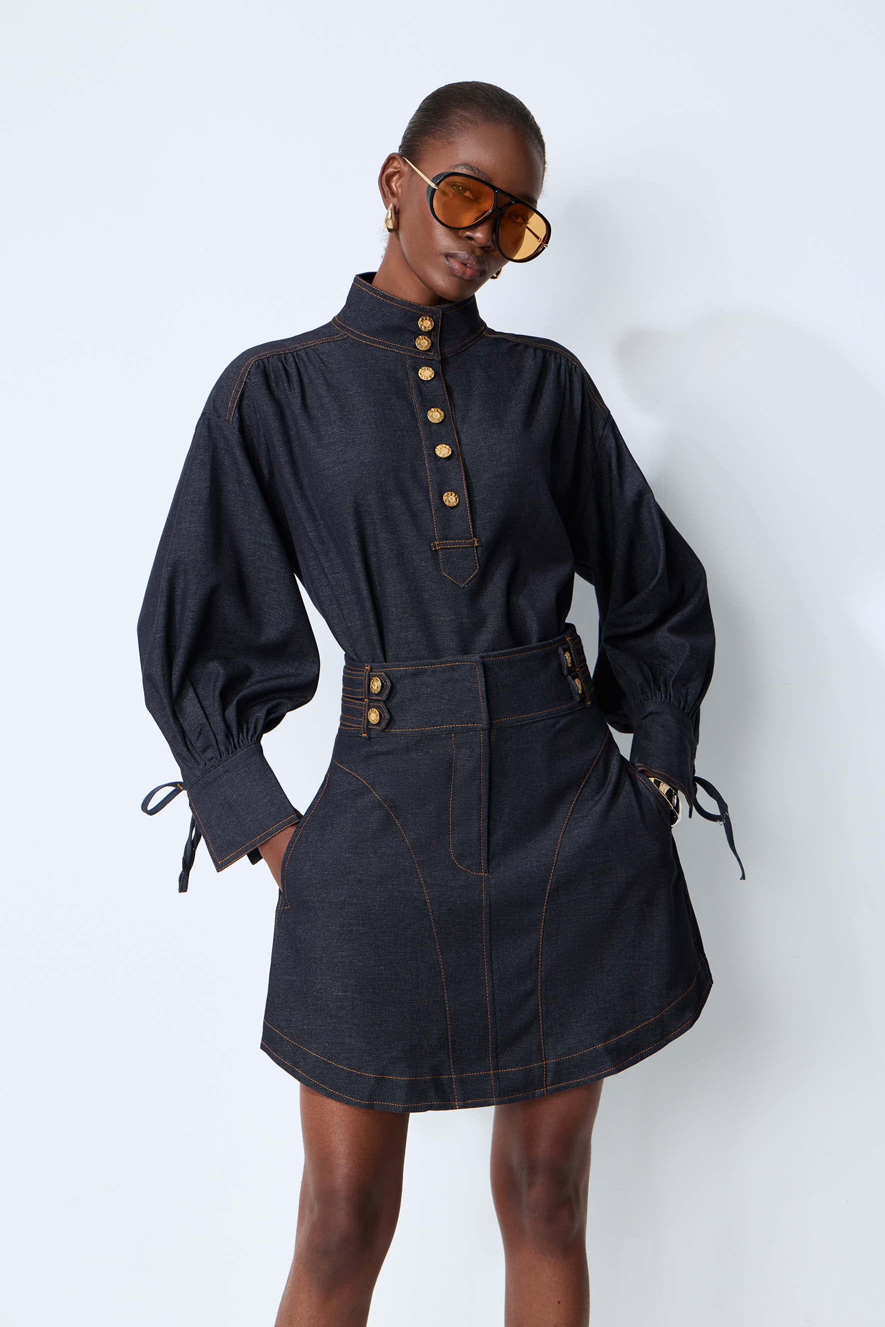 Simply Pretty Dark Blue Denim High Neck Shirt & Mini Skirt Set