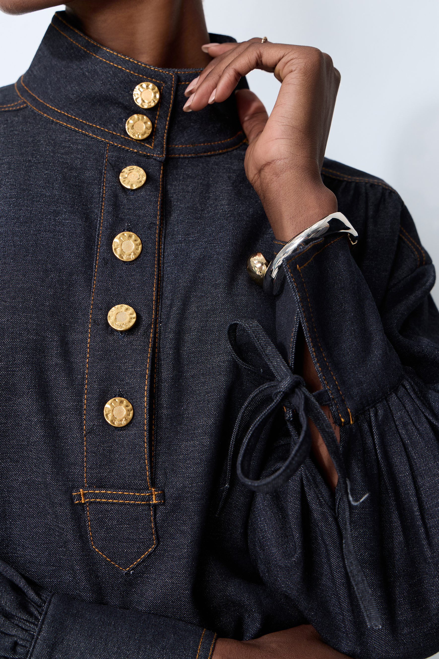 Simply Pretty Dark Blue Denim High Neck Shirt & Mini Skirt Set