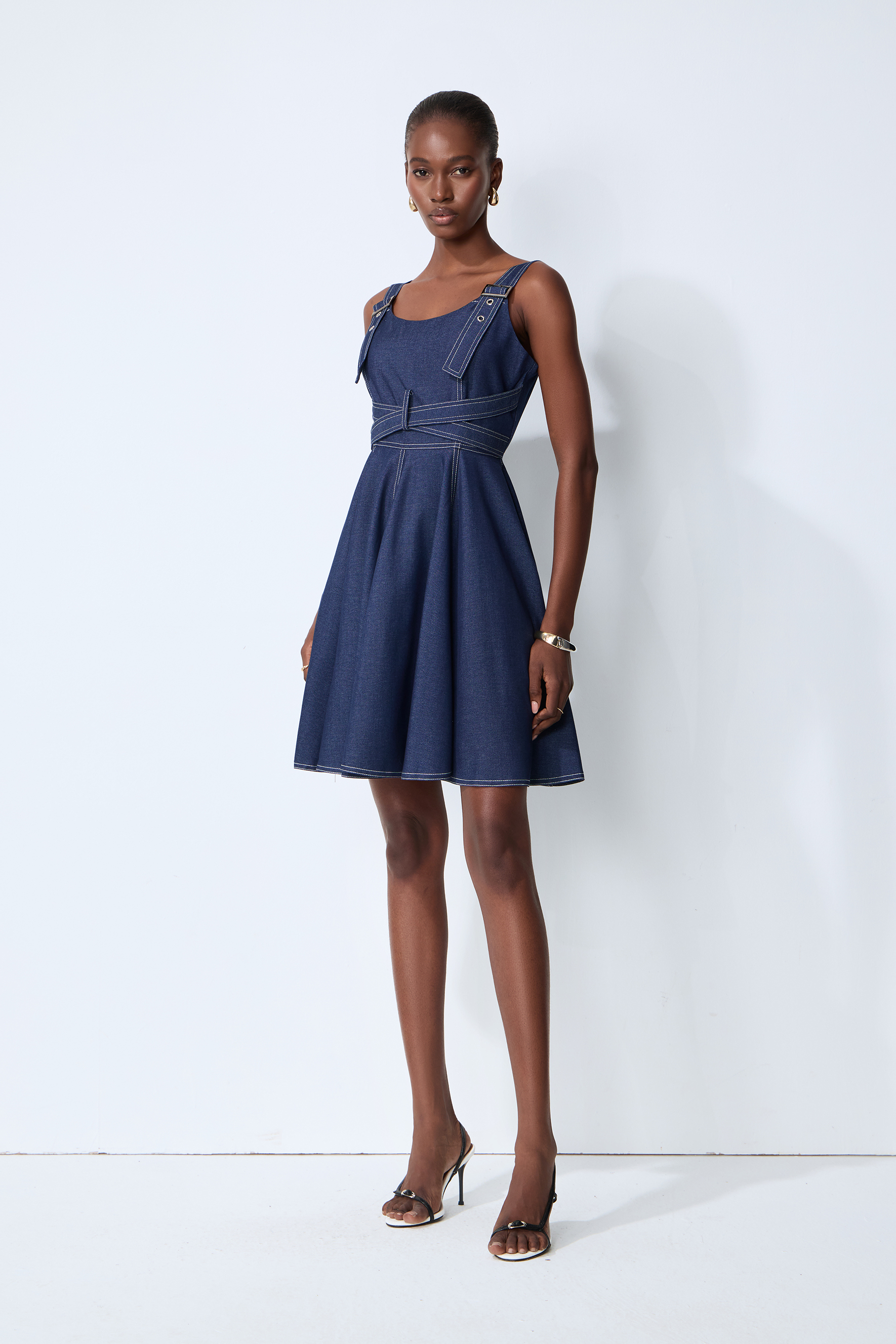 Bring The Style Blue Sleeveless Crisscross Waist Denim Mini Dress