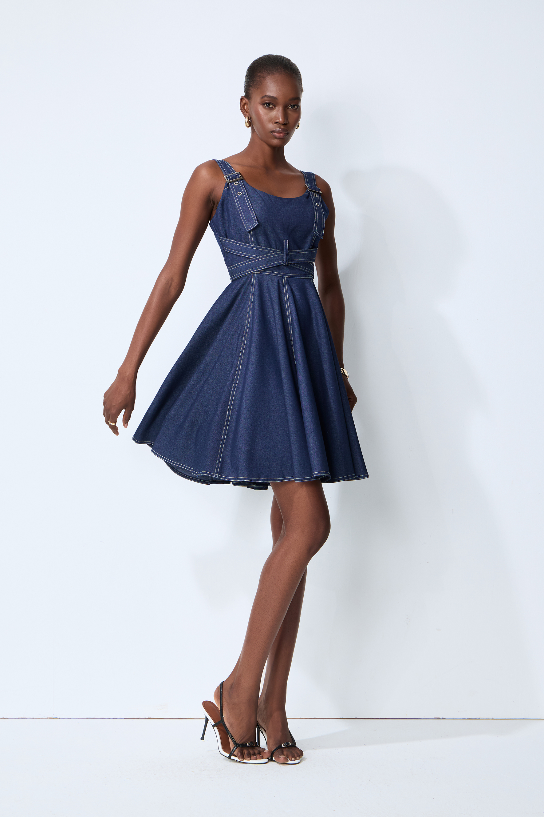 Bring The Style Blue Sleeveless Crisscross Waist Denim Mini Dress