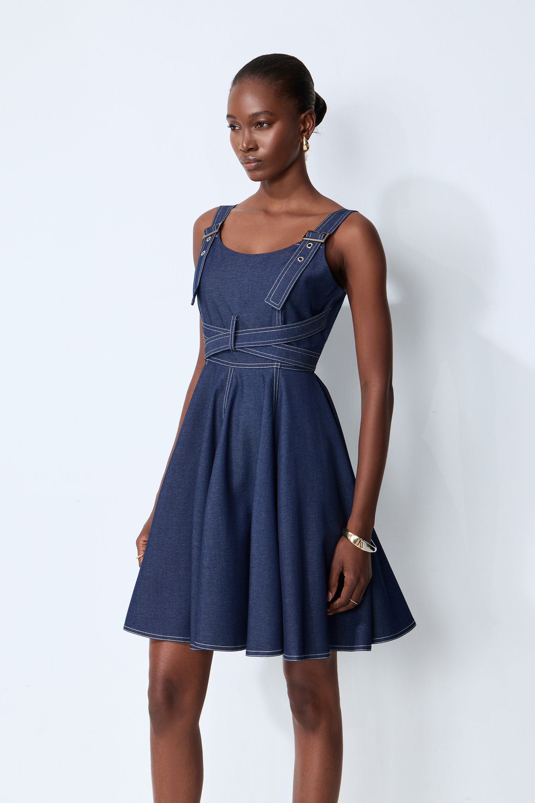 Bring The Style Blue Sleeveless Crisscross Waist Denim Mini Dress