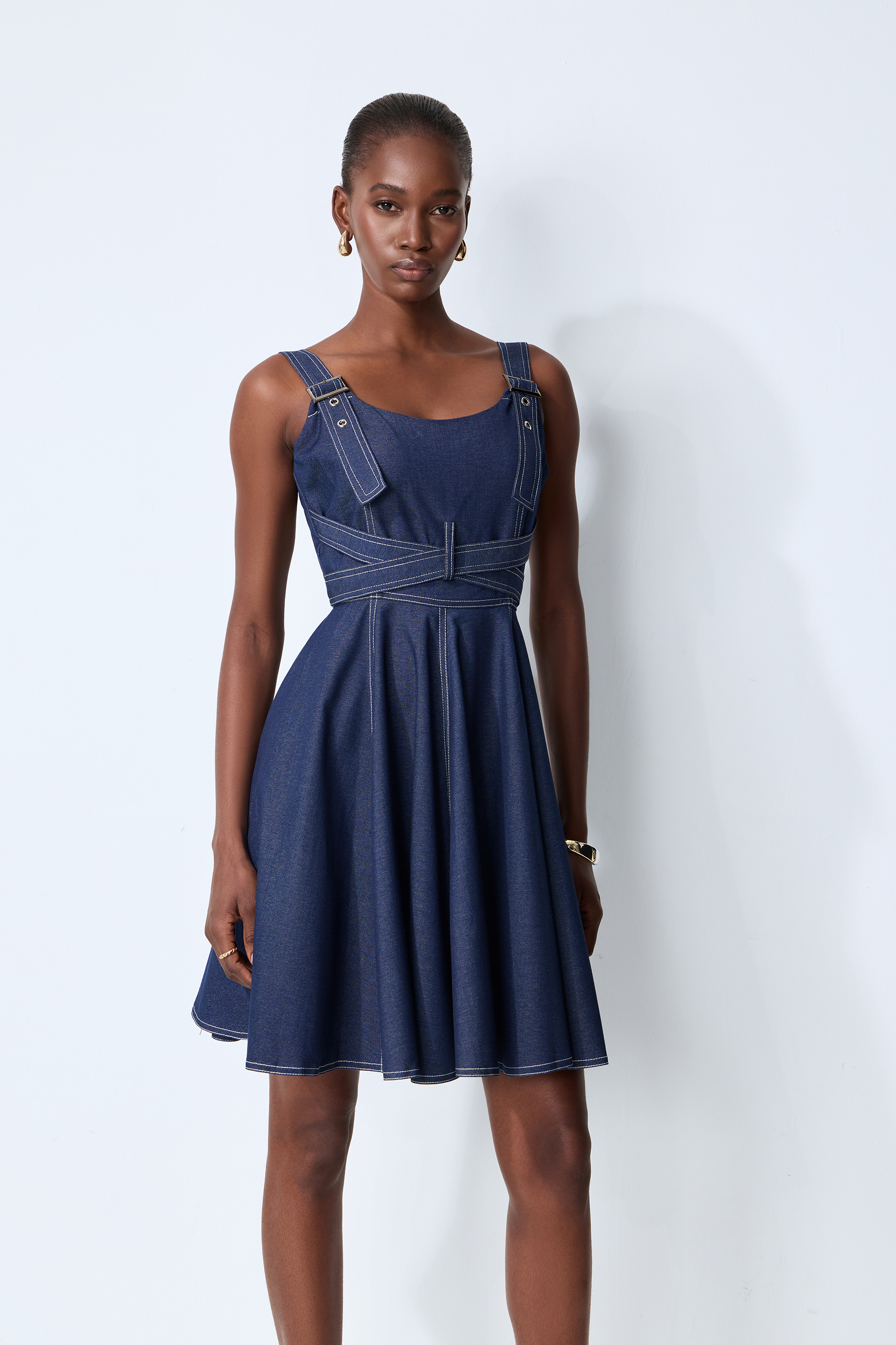 Bring The Style Blue Sleeveless Crisscross Waist Denim Mini Dress