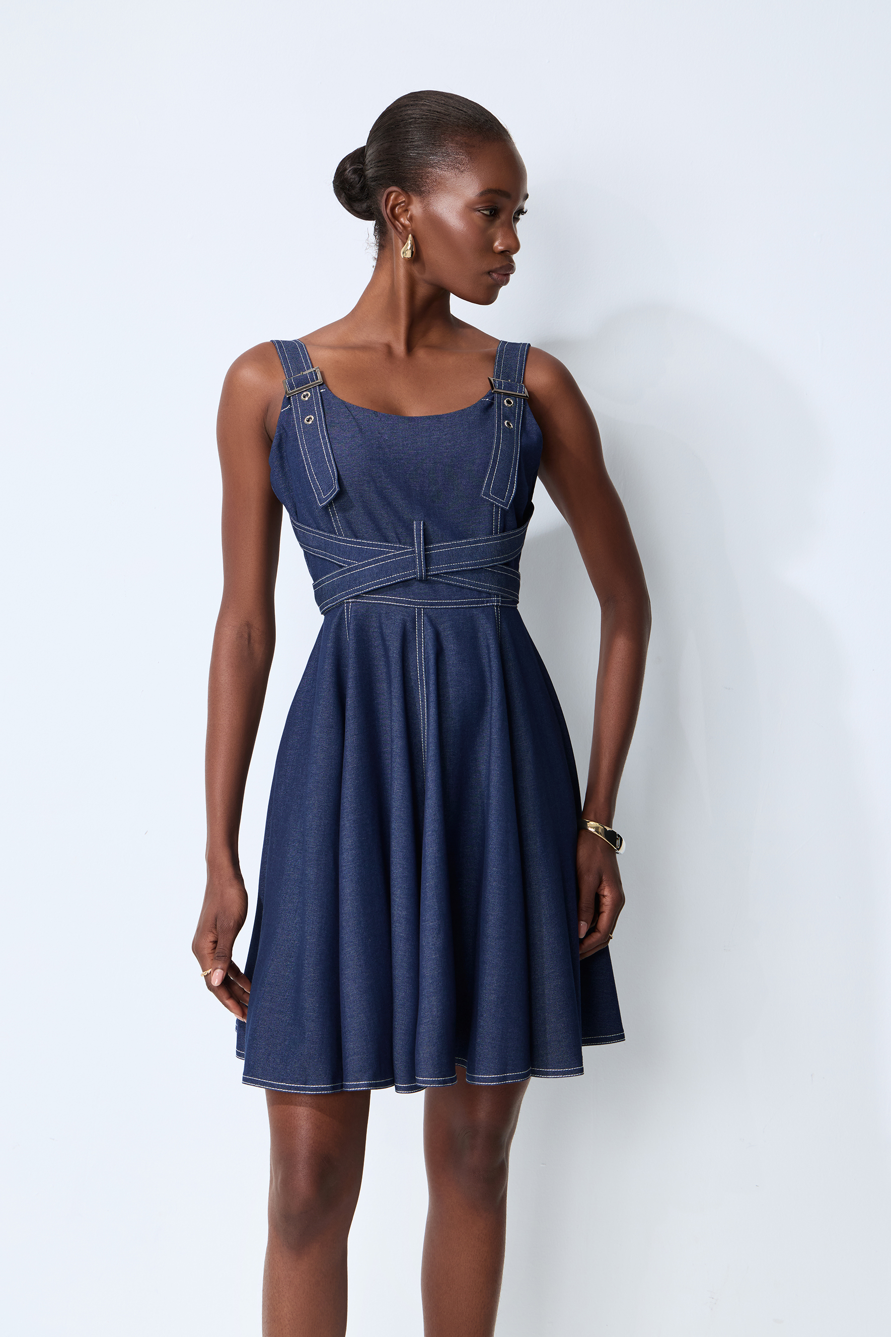 Bring The Style Blue Sleeveless Crisscross Waist Denim Mini Dress