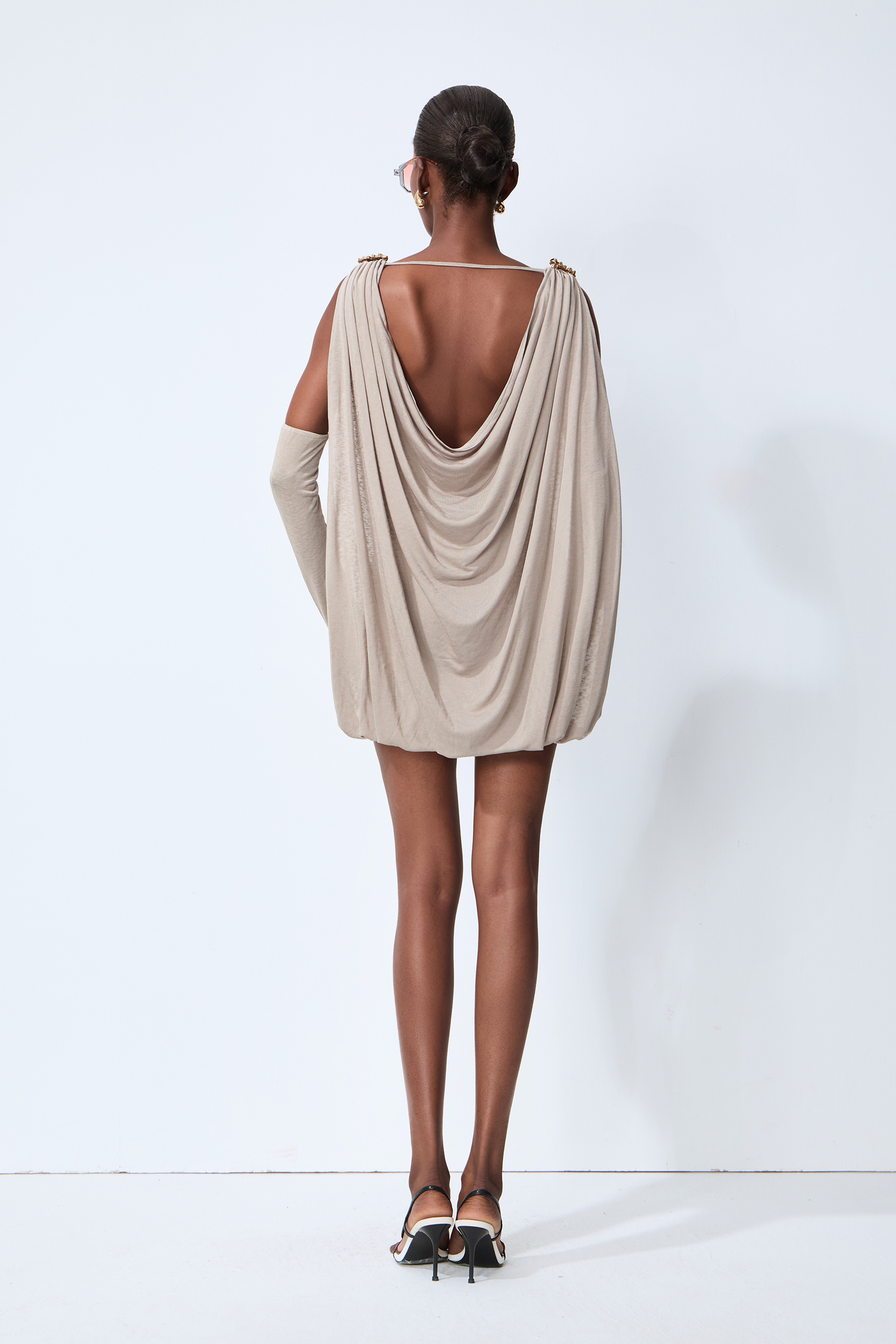 Grecian Drama Grey Deep V Cowl Back Draped Mini Dress With Gloves
