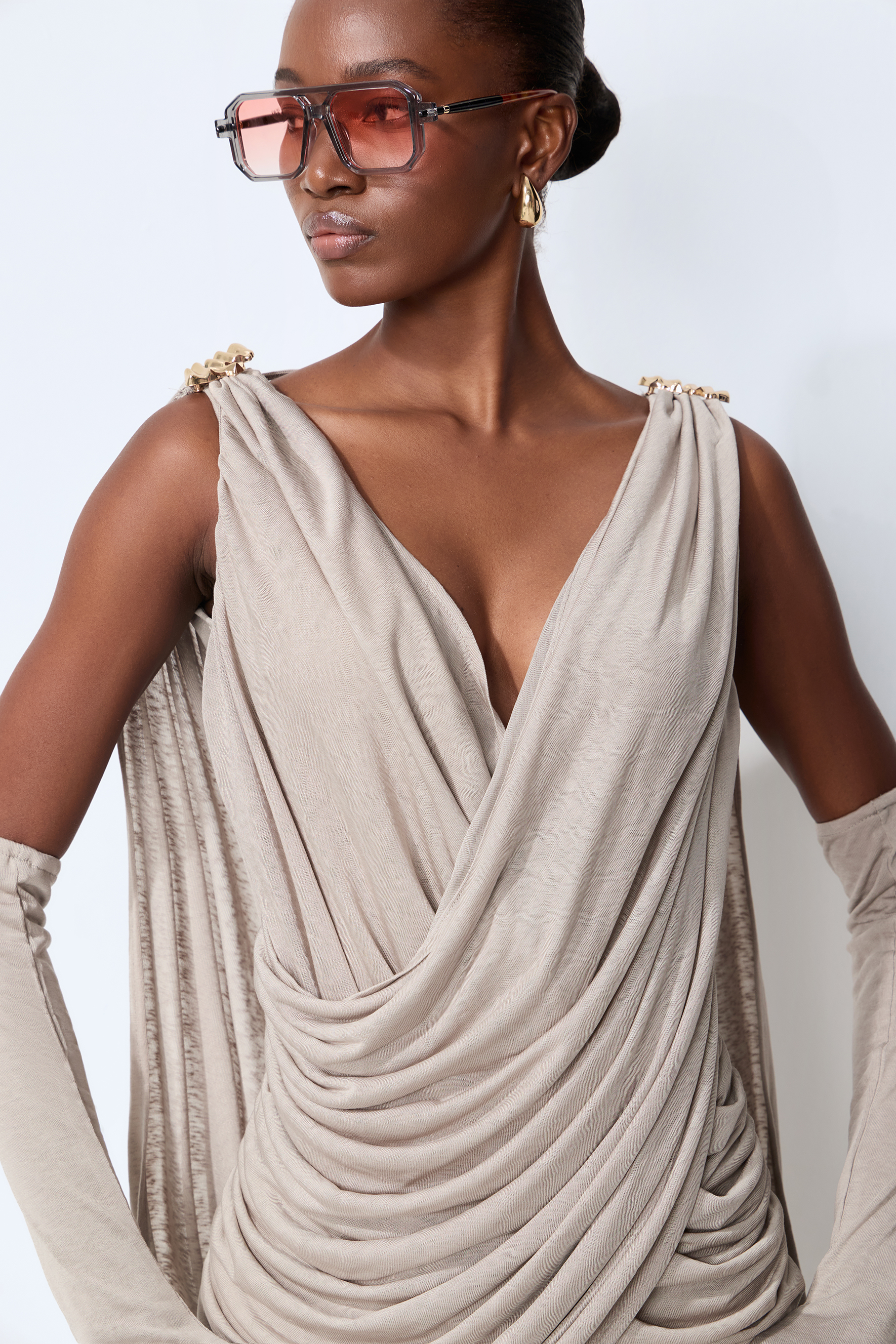 Grecian Drama Grey Deep V Cowl Back Draped Mini Dress With Gloves