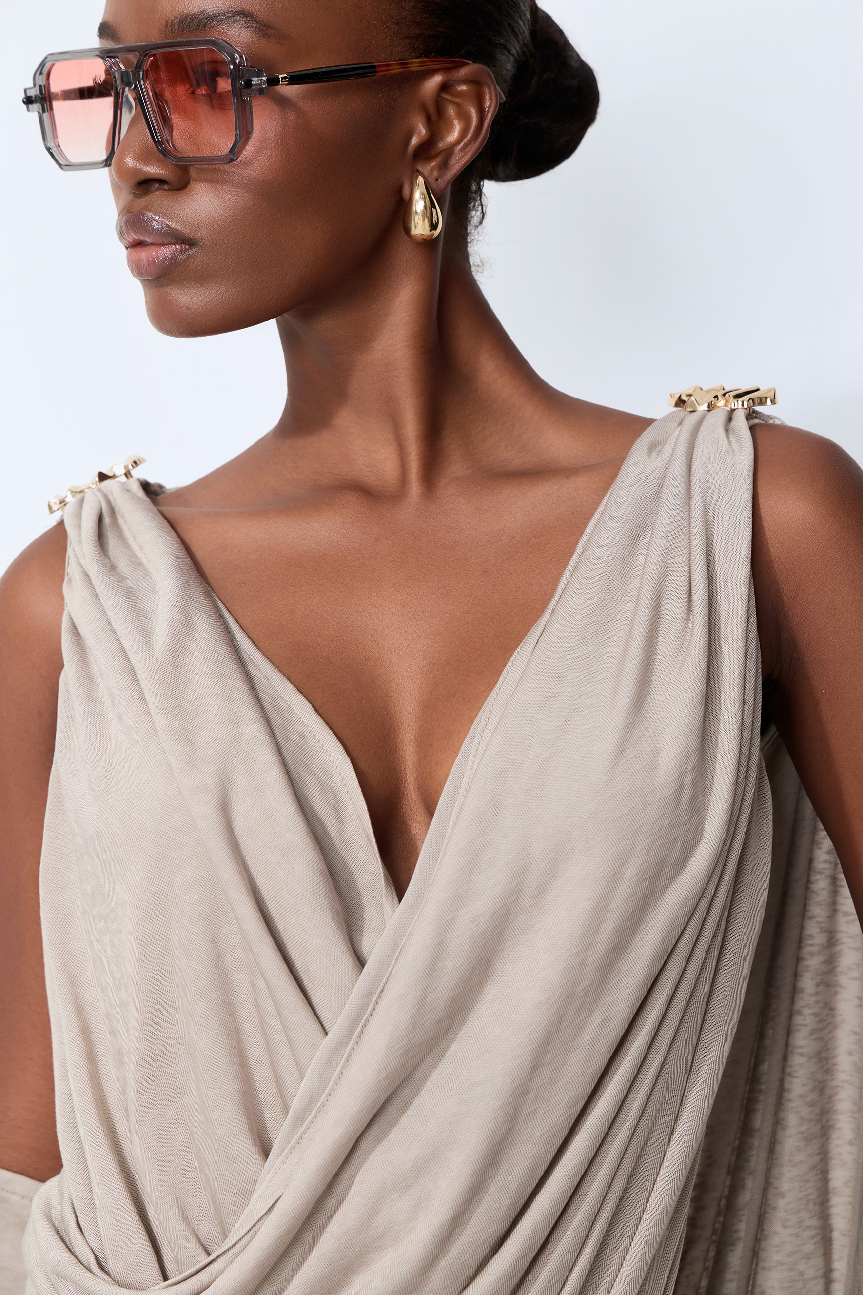 Grecian Drama Grey Deep V Cowl Back Draped Mini Dress With Gloves