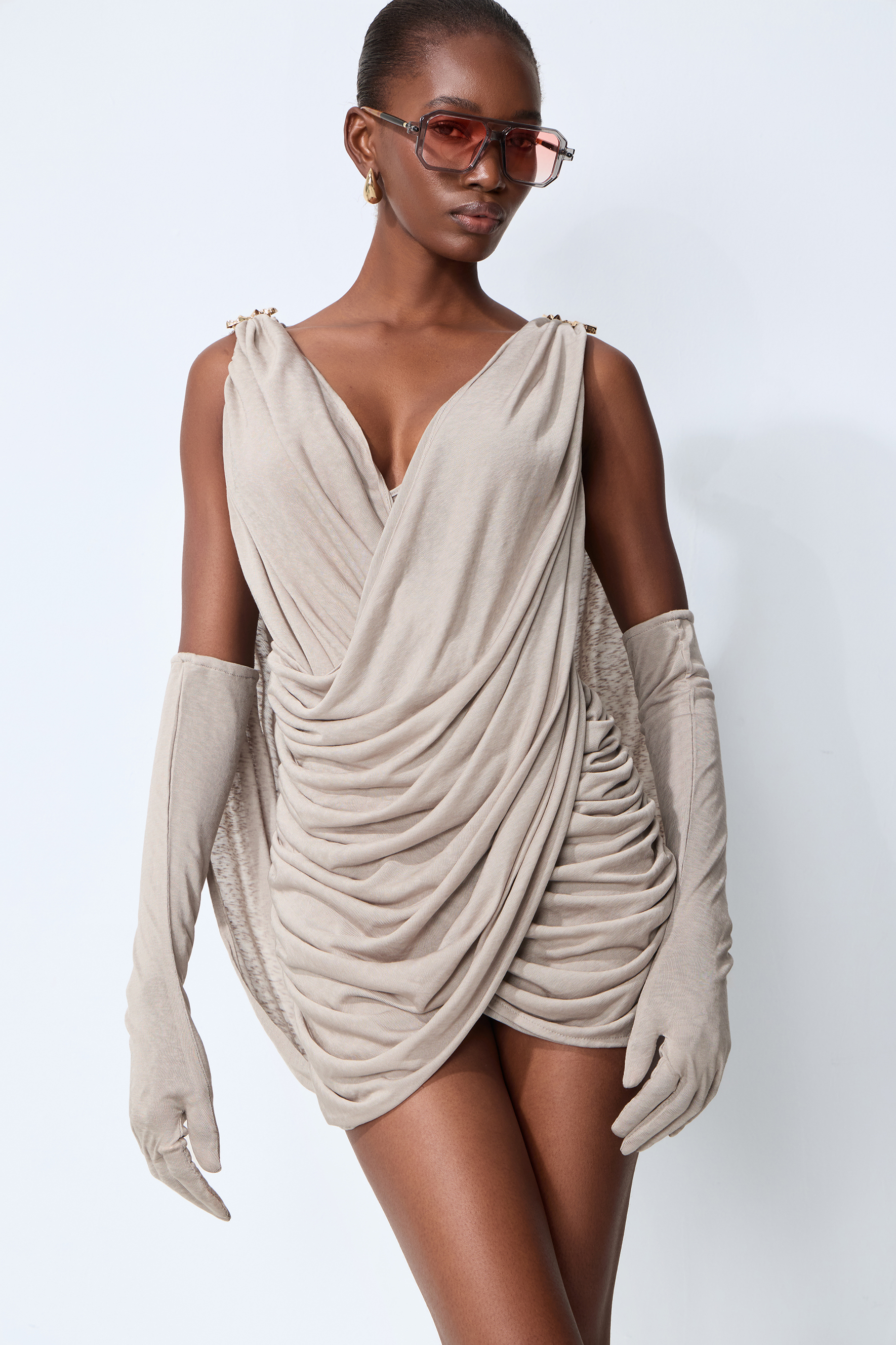 Grecian Drama Grey Deep V Cowl Back Draped Mini Dress With Gloves