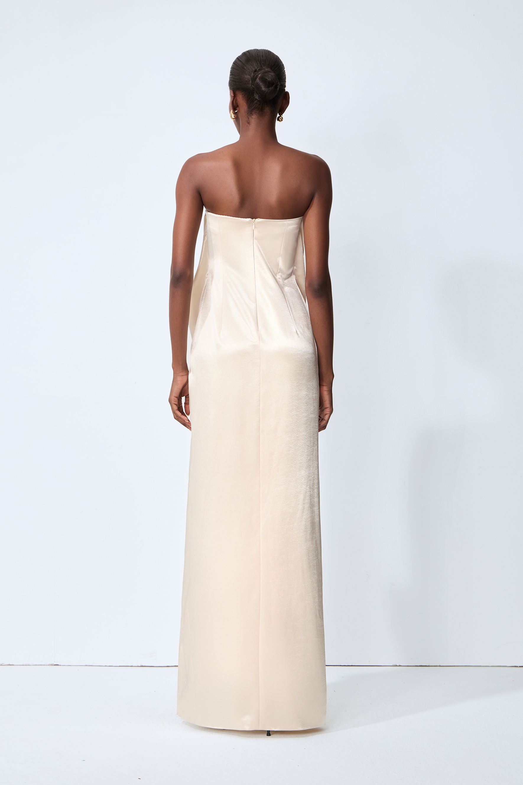 Favorite Style Champagne Beige Twist Front Slit Satin Maxi Dress