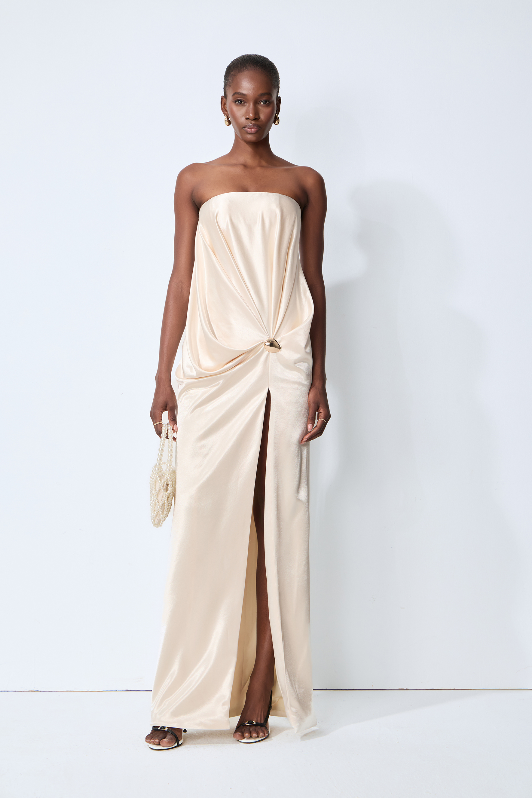 Favorite Style Champagne Beige Twist Front Slit Satin Maxi Dress