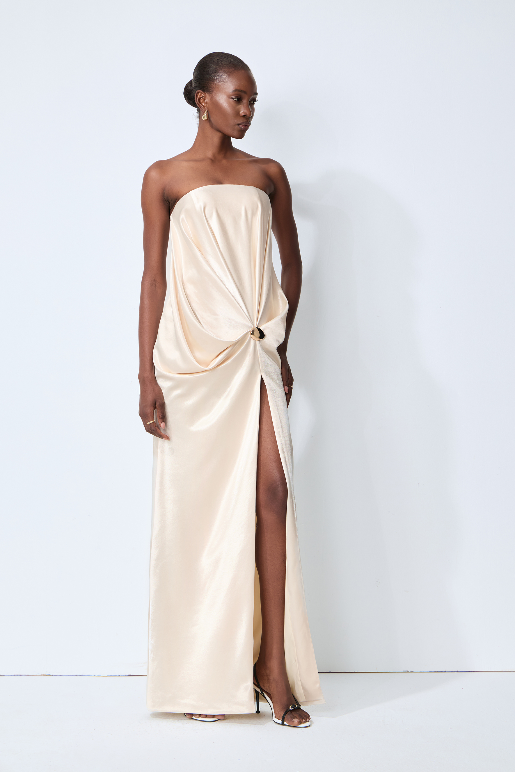 Favorite Style Champagne Beige Twist Front Slit Satin Maxi Dress