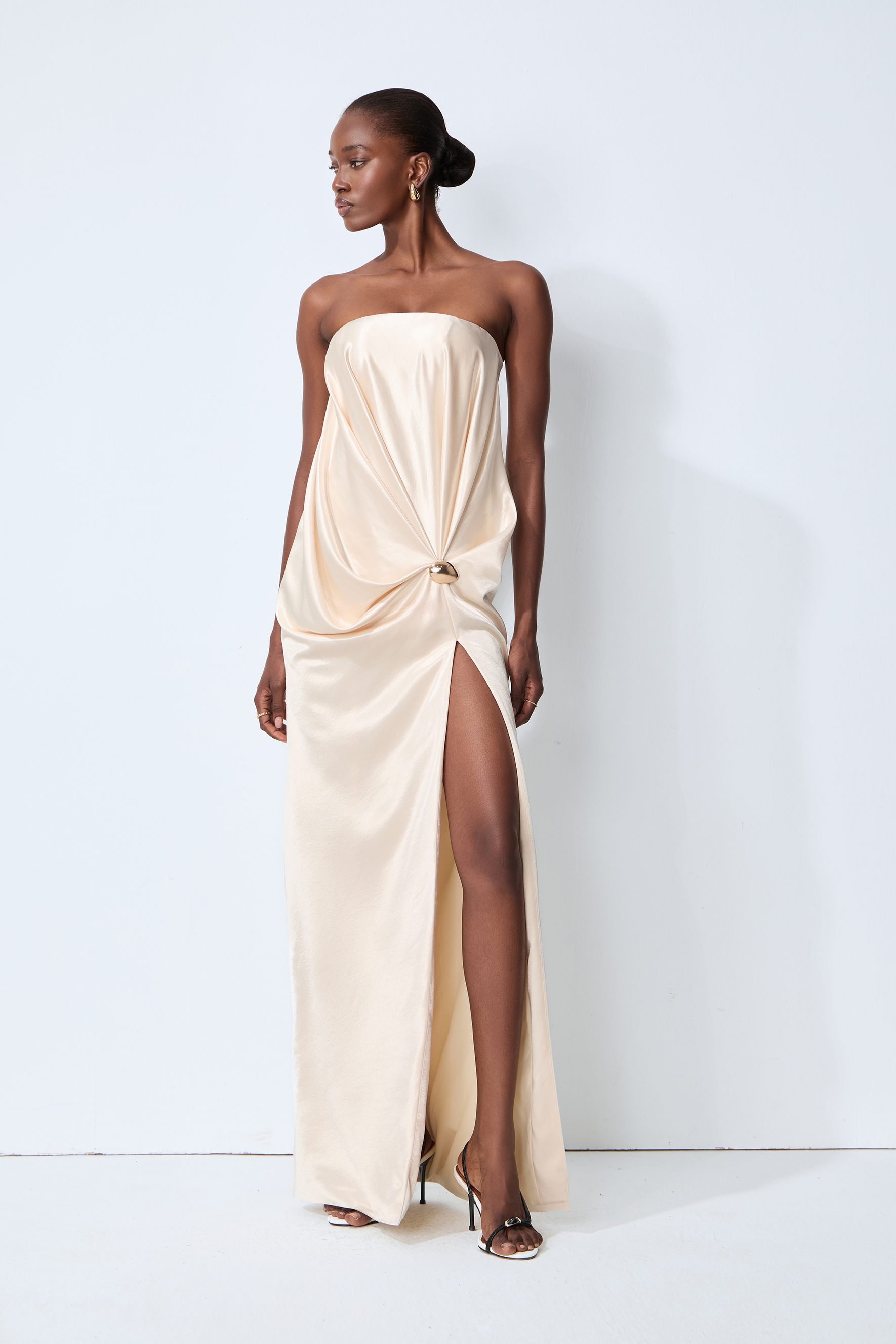 Favorite Style Champagne Beige Twist Front Slit Satin Maxi Dress