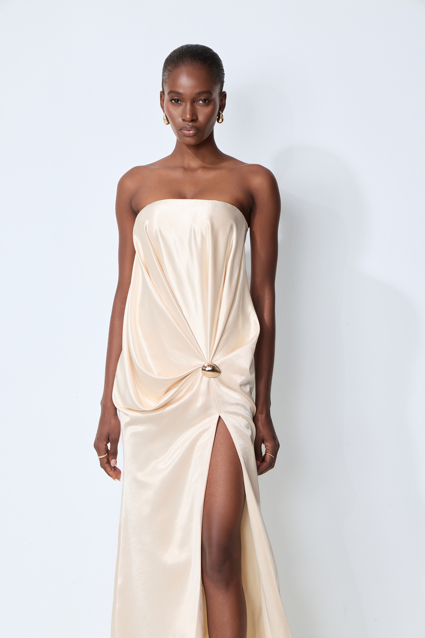 Favorite Style Champagne Beige Twist Front Slit Satin Maxi Dress