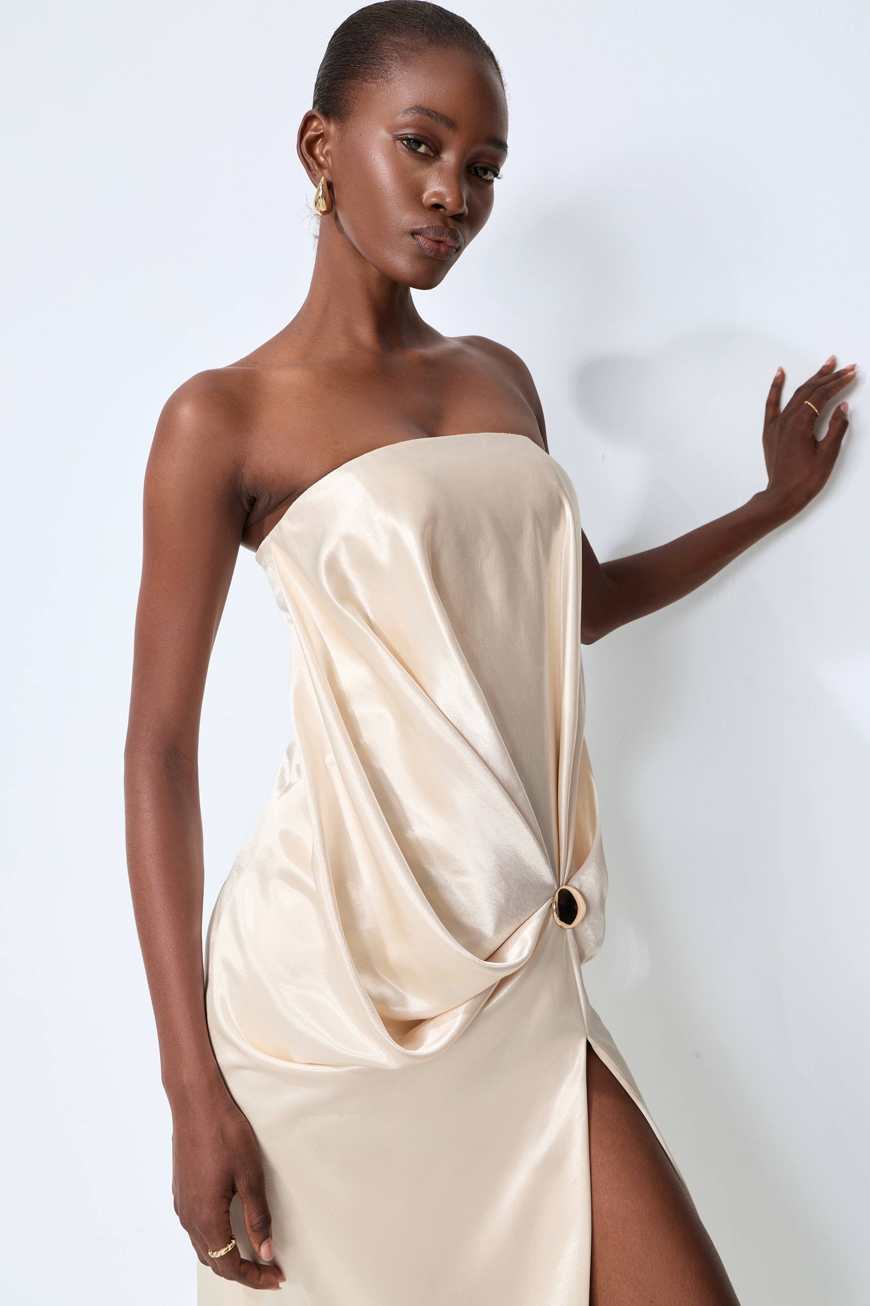 Favorite Style Champagne Beige Twist Front Slit Satin Maxi Dress