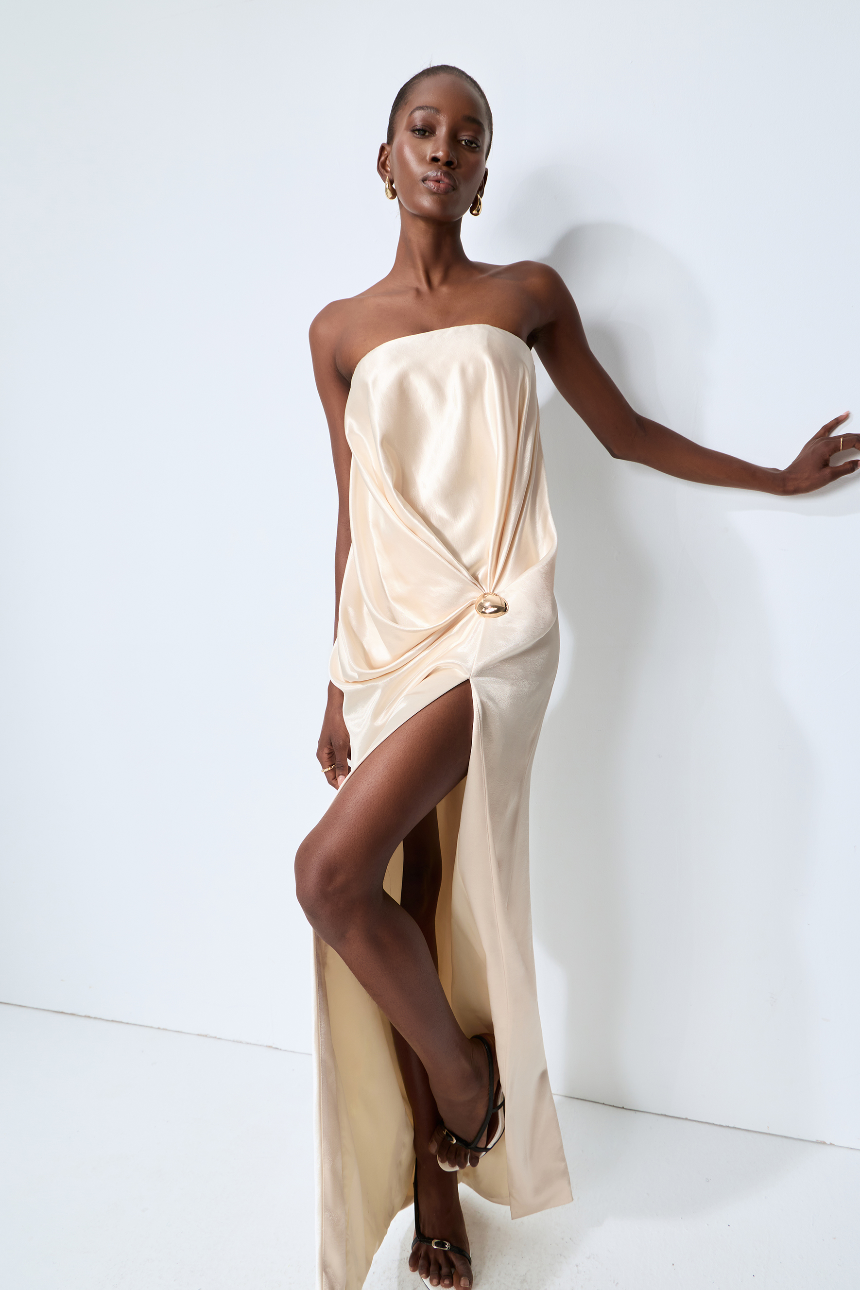 Favorite Style Champagne Beige Twist Front Slit Satin Maxi Dress