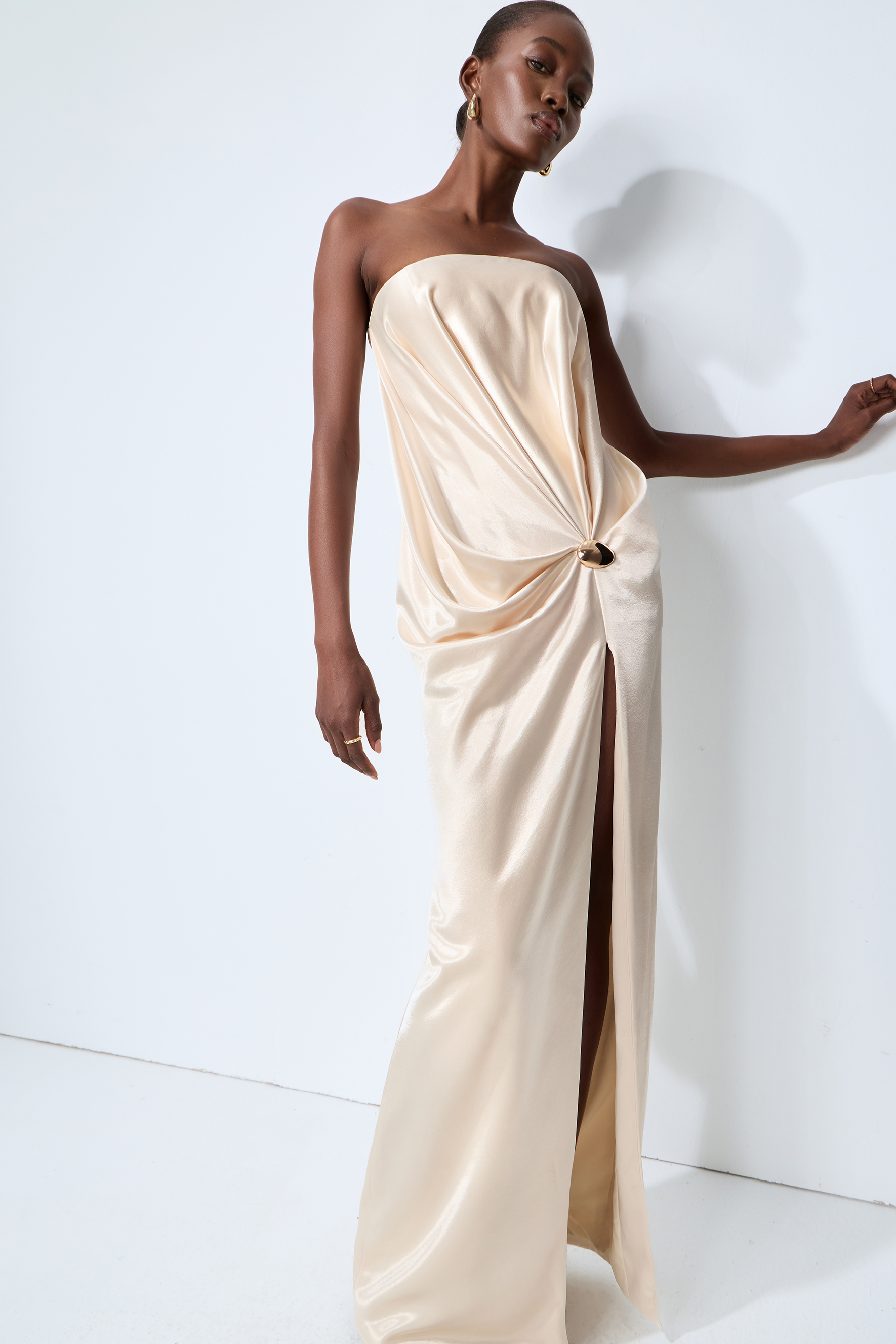 Favorite Style Champagne Beige Twist Front Slit Satin Maxi Dress