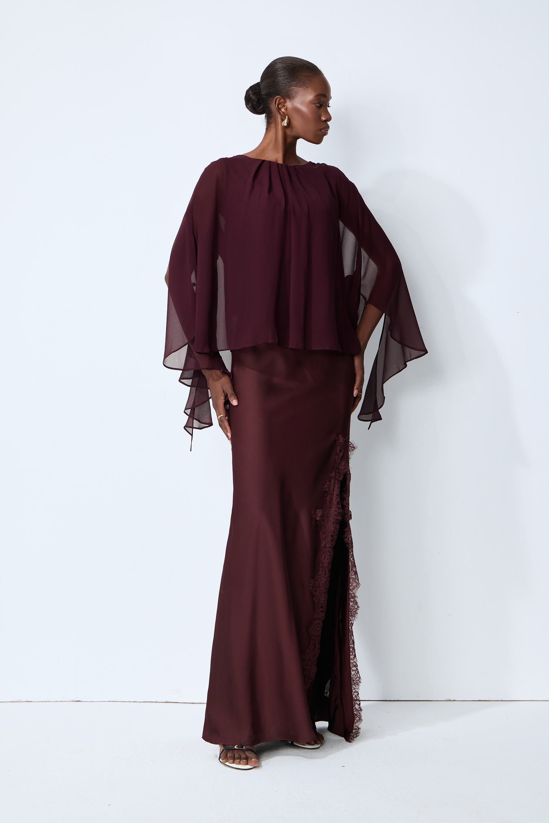 Going Out Tonight Burgundy Chiffon Cape Sleeve Blouse