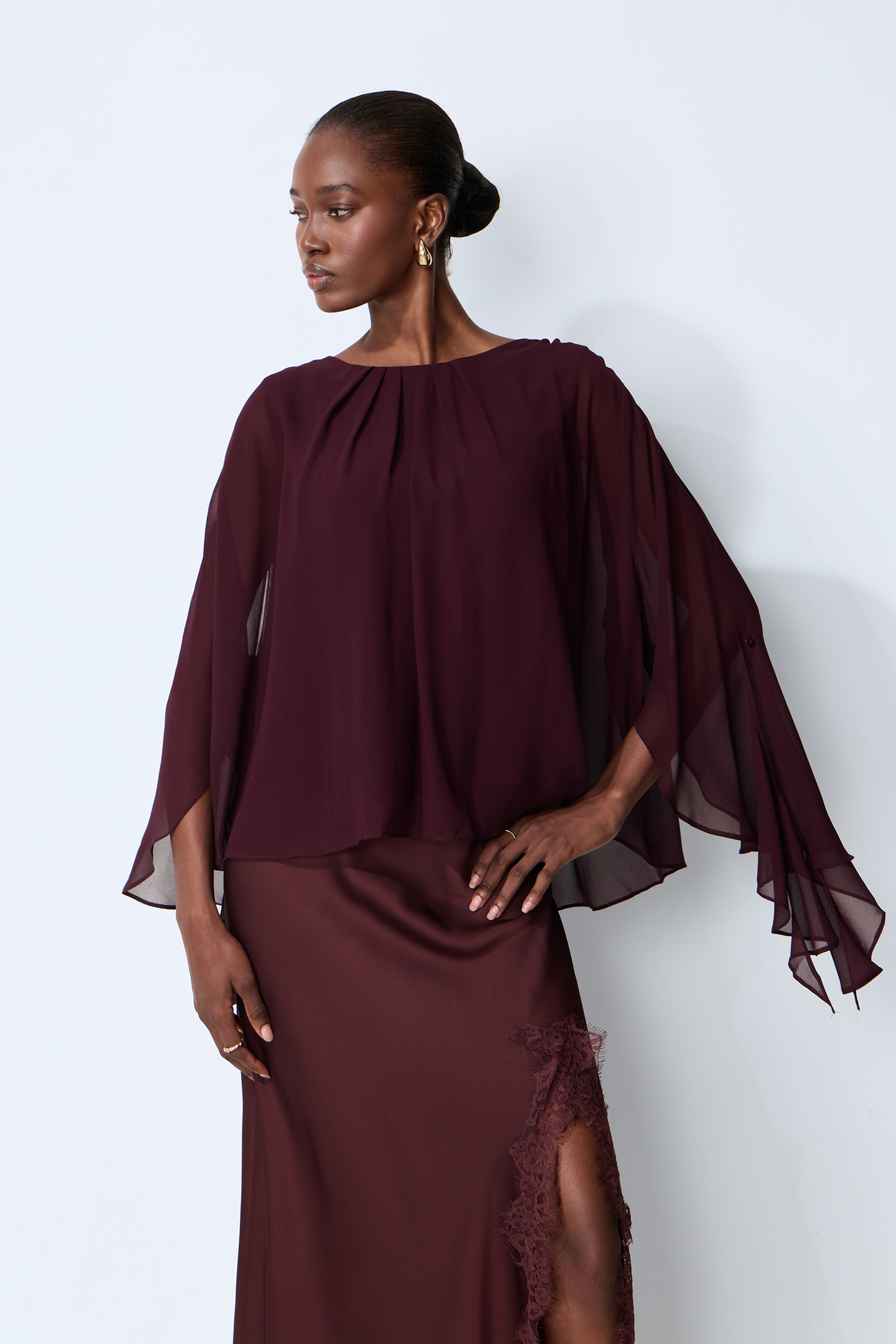 Going Out Tonight Burgundy Chiffon Cape Sleeve Blouse